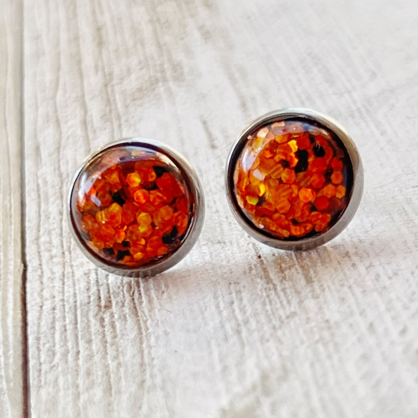 Orange Glitter 10mm Silver Stud Earrings - Sparkling and Elegant Accessories