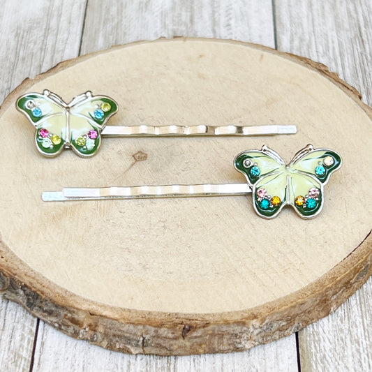 Women’s Green Butterfly Hair Pins - Stunning Multi-Colored Rhinestone Accents for Glamorous Hairstyles