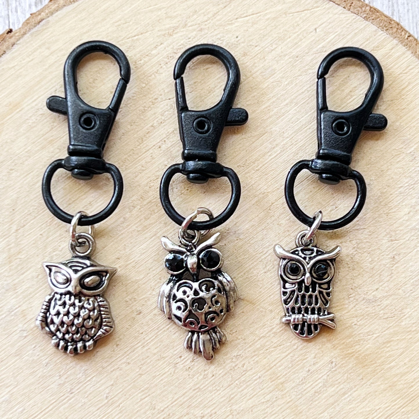 Set of 3 Silver Owl Purse Charms with Rhinestone Accents