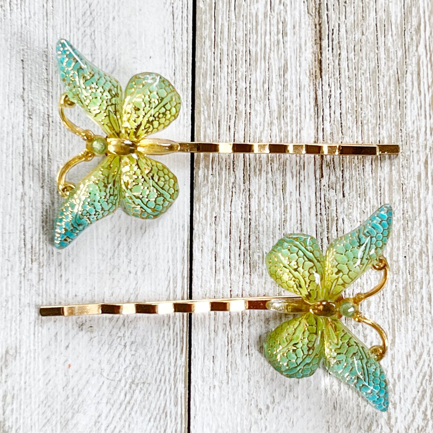 Blue, Green & Gold Butterfly Hair Pins - Elegant and Colorful Hair Accessories