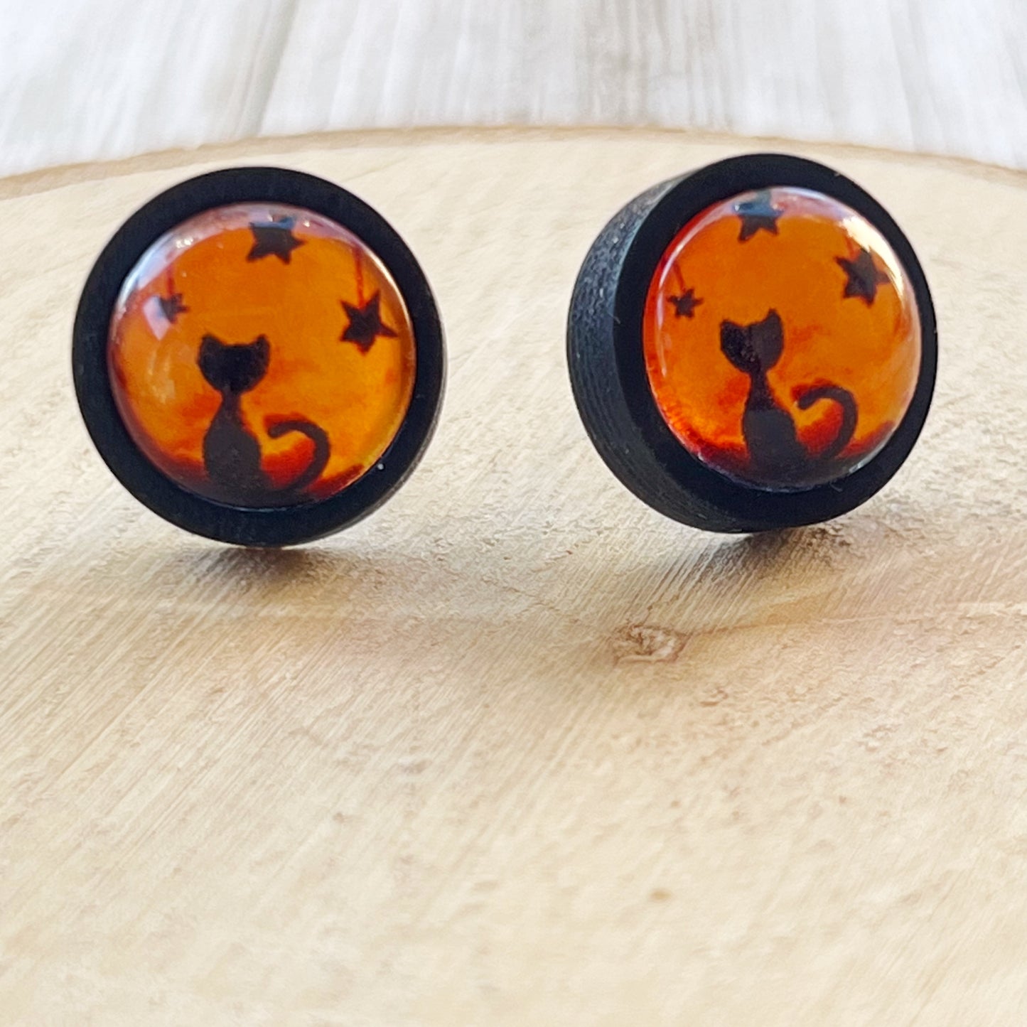 Black Cat Halloween Orange & Black Wood Stud Earring - Spooky & Stylish Accessory