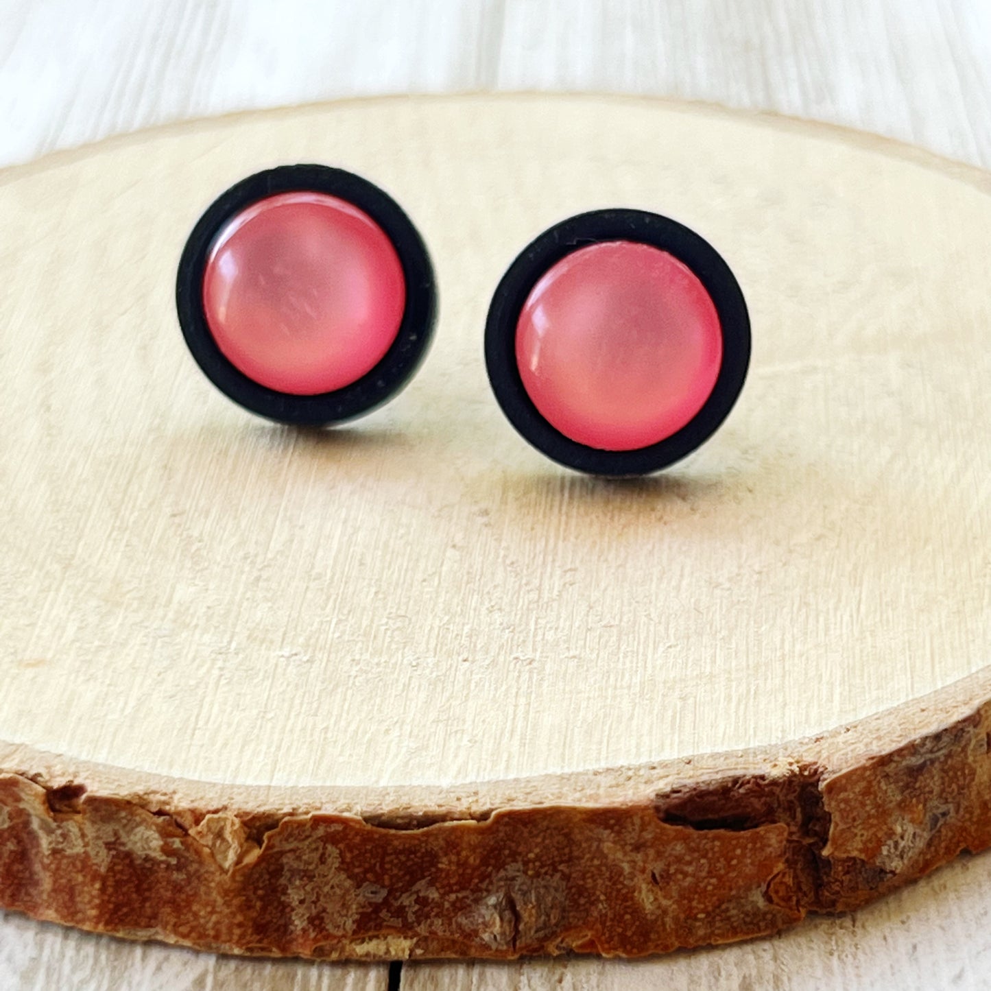 Pink Resin Black Wood Unisex Stud Earrings - Unique & Stylish Accessories