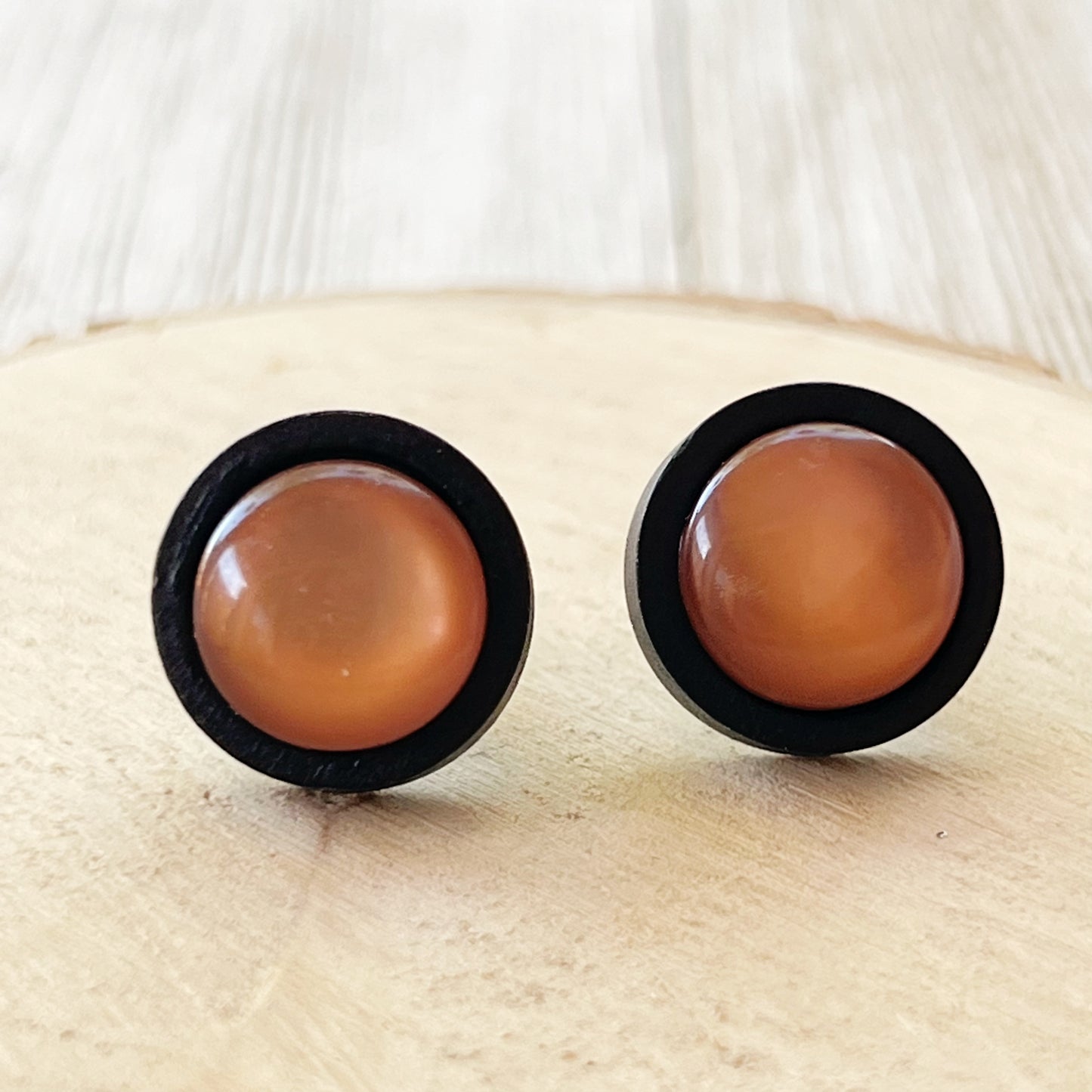 Brown Resin Black Wood Unisex Stud Earrings - Stylish & Versatile Accessories