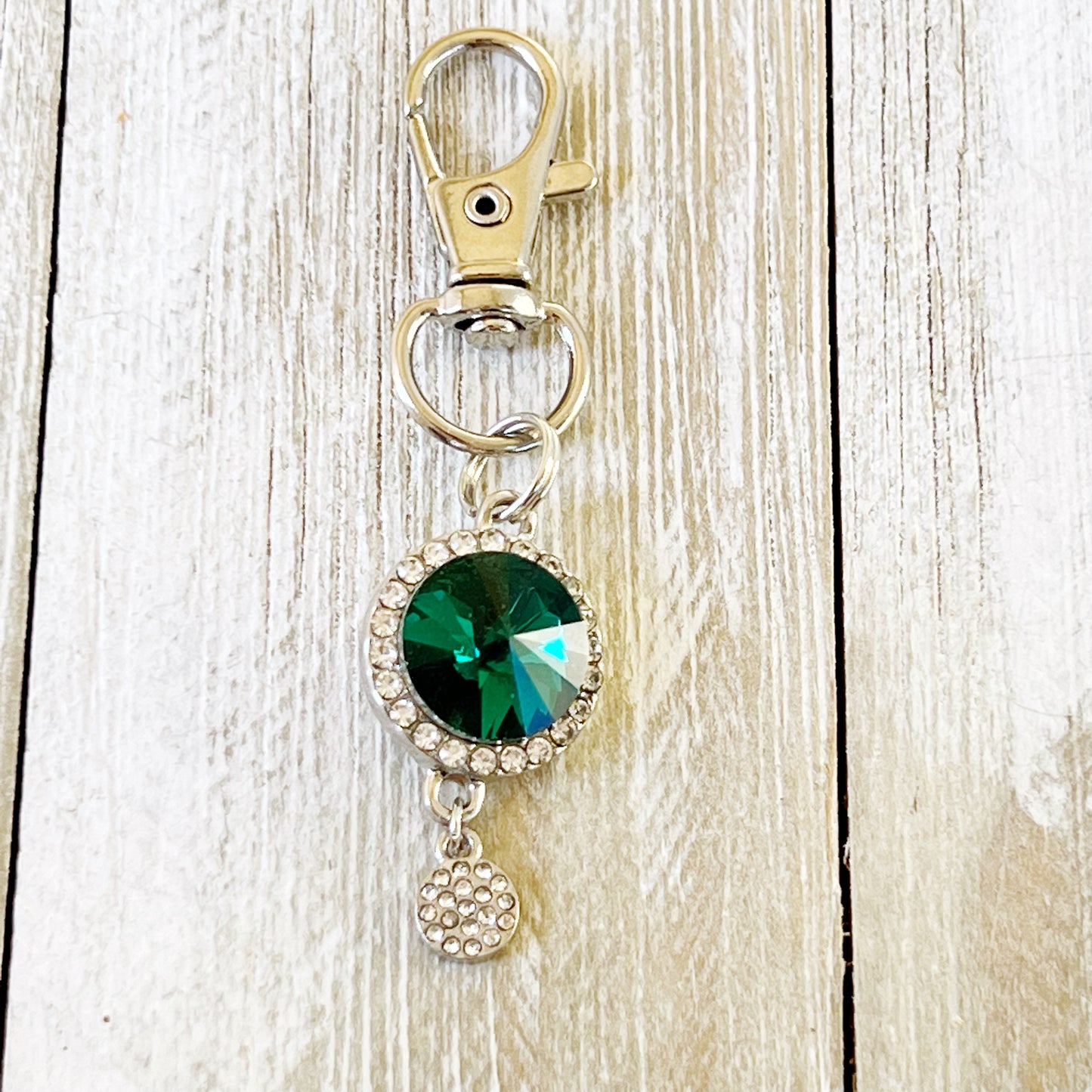 Green Zipper Pull Keychain Charm with Rhinestones