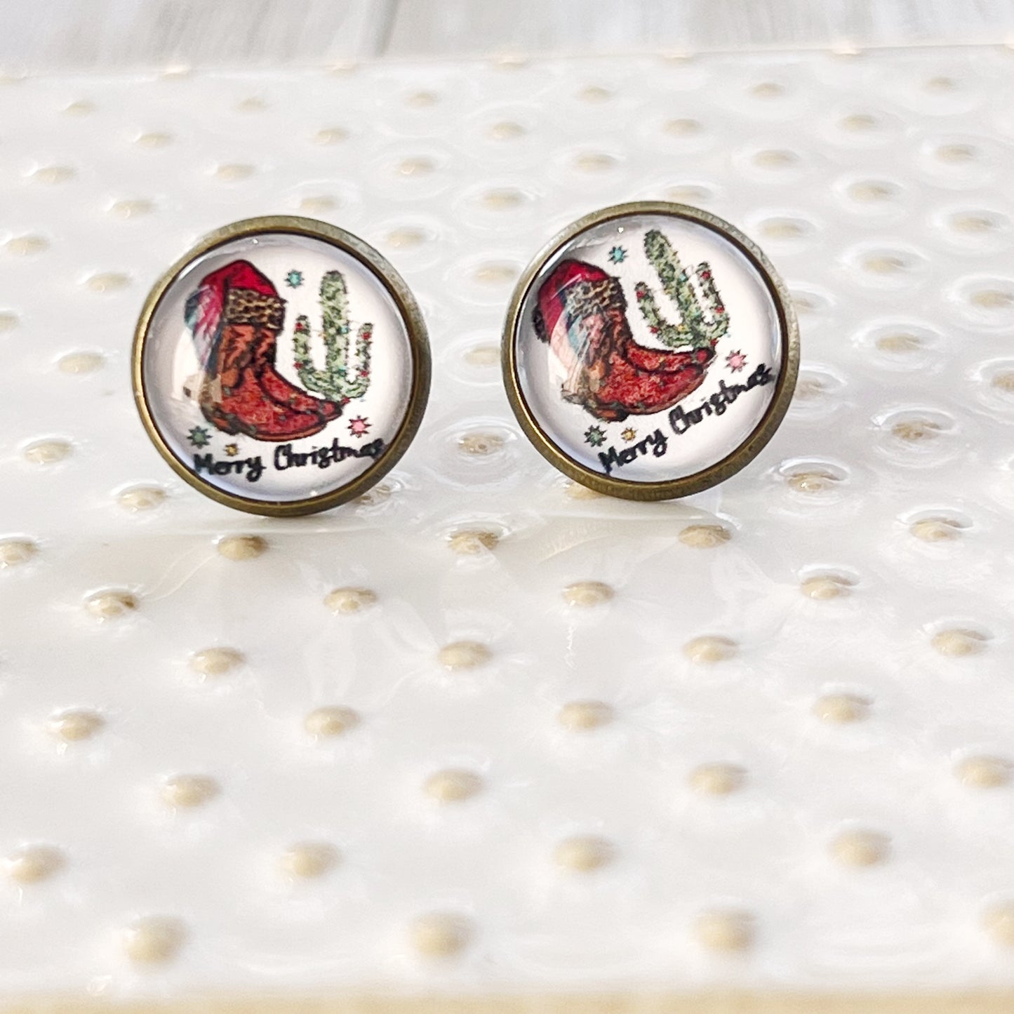 Western Cactus & Boot Merry Christmas Stud Earrings: Festive Southwest Charm