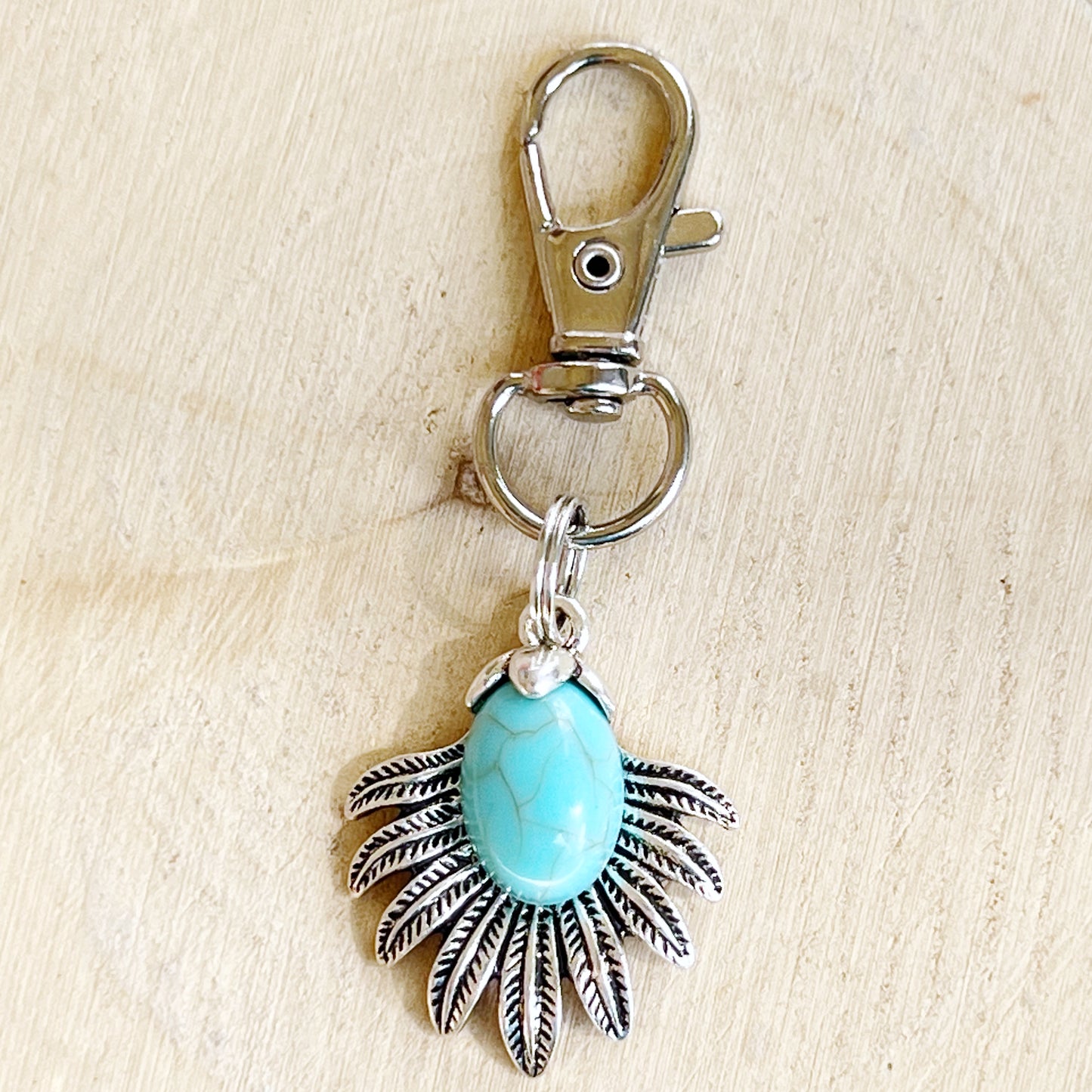 Western Zipper Pull Keychain Purse Charm: Turquoise & Silver Feather Medallion Accent