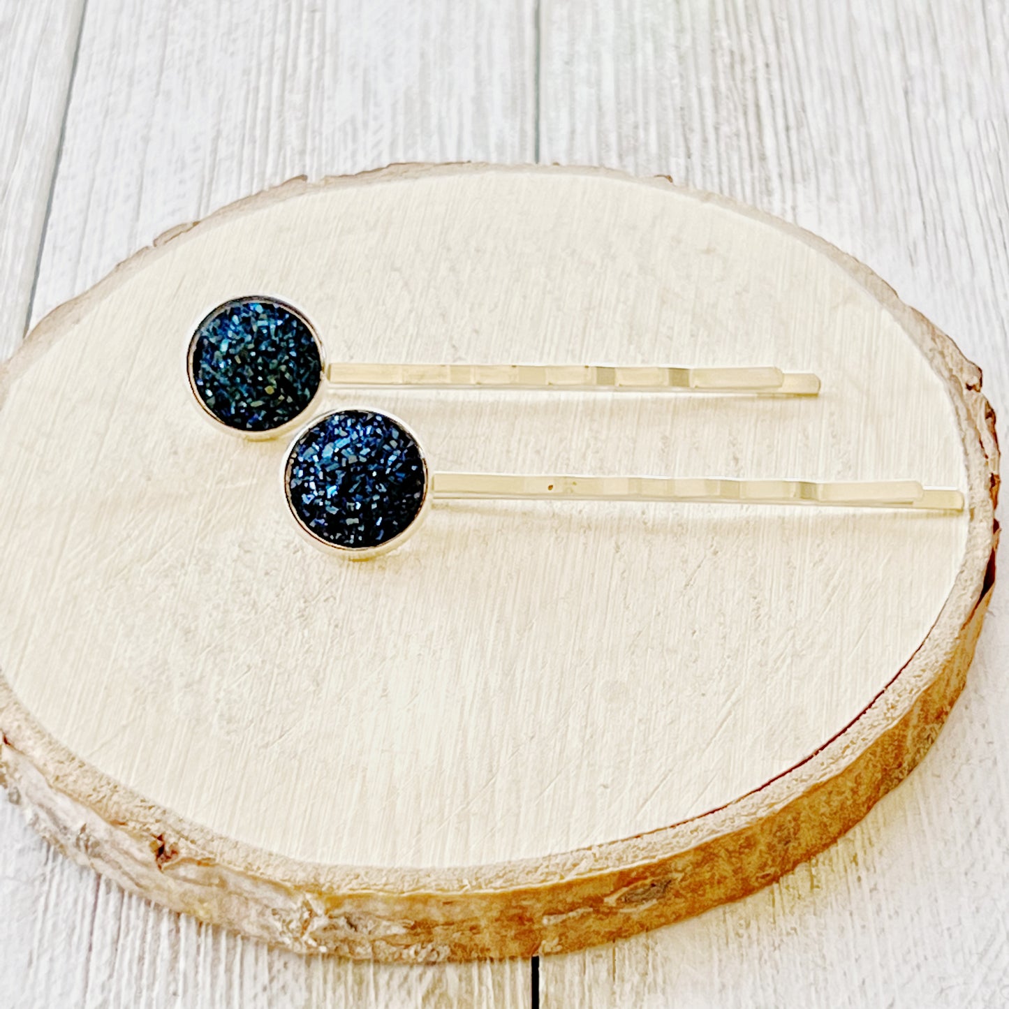 Cobalt Blue Druzy Silver Hair Pins - Elegant Accessories for Stylish Hairdos