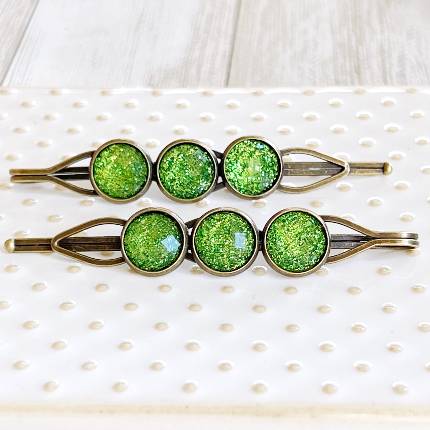 Patterned Green Glitter Acrylic Hair Pins - Sparkling Hair Accessories with Style