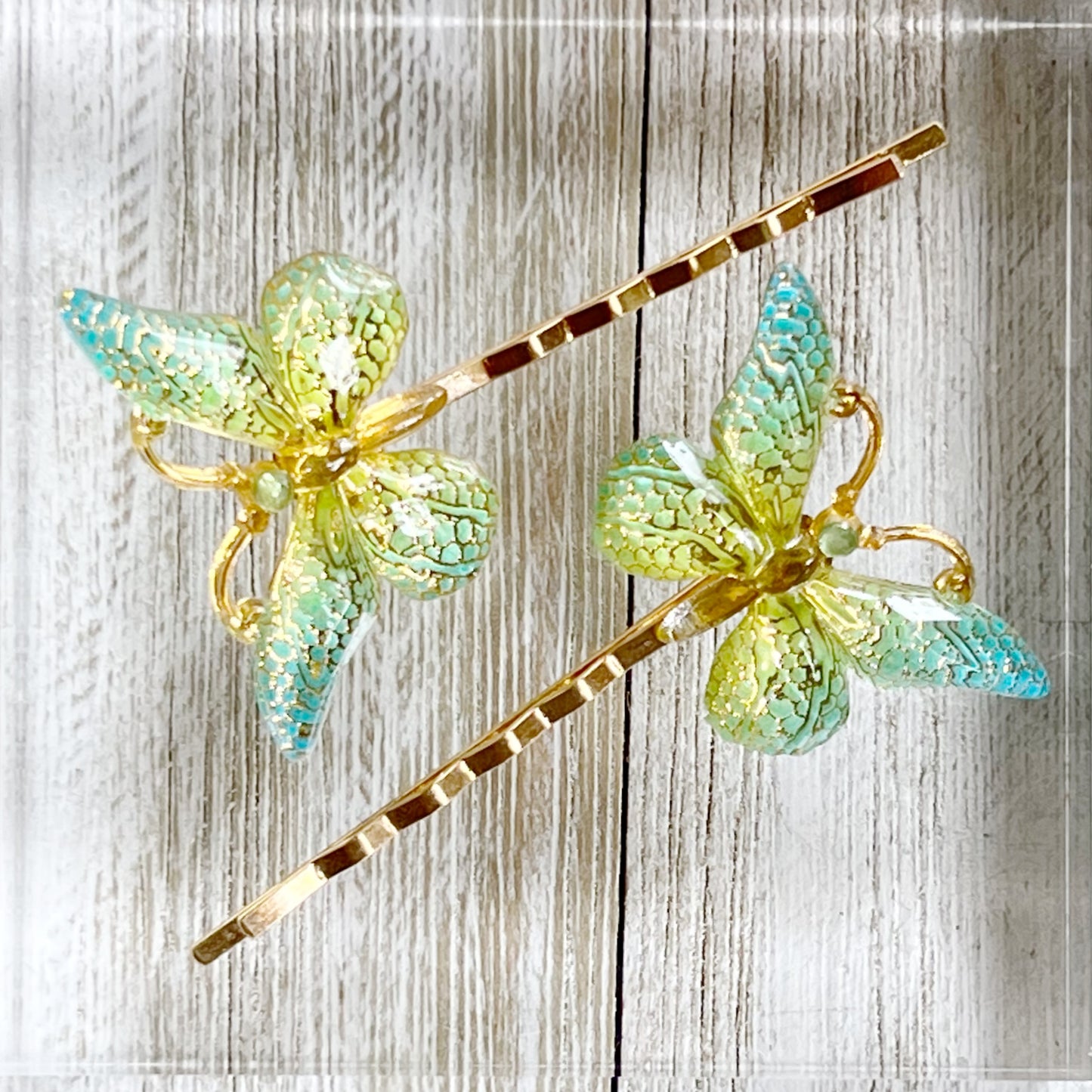 Blue, Green & Gold Butterfly Hair Pins - Elegant and Colorful Hair Accessories