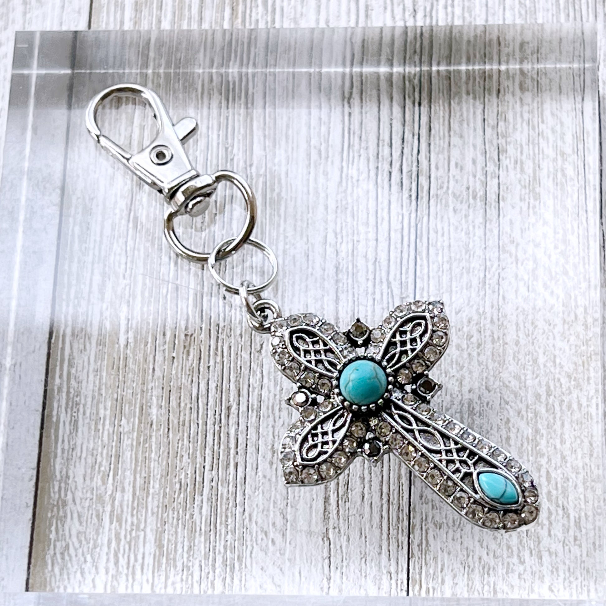 Turquoise Silver Cross Western Zipper Handbag Charm: Stylish Southwestern Accent