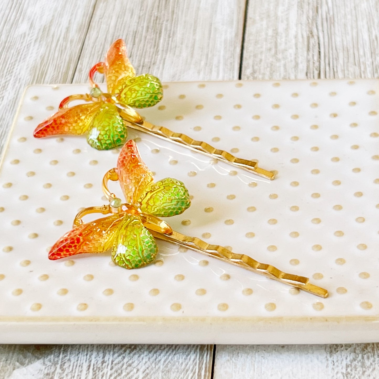 Orange & Green Butterfly Hair Pins: Vibrant Nature-inspired Accessories