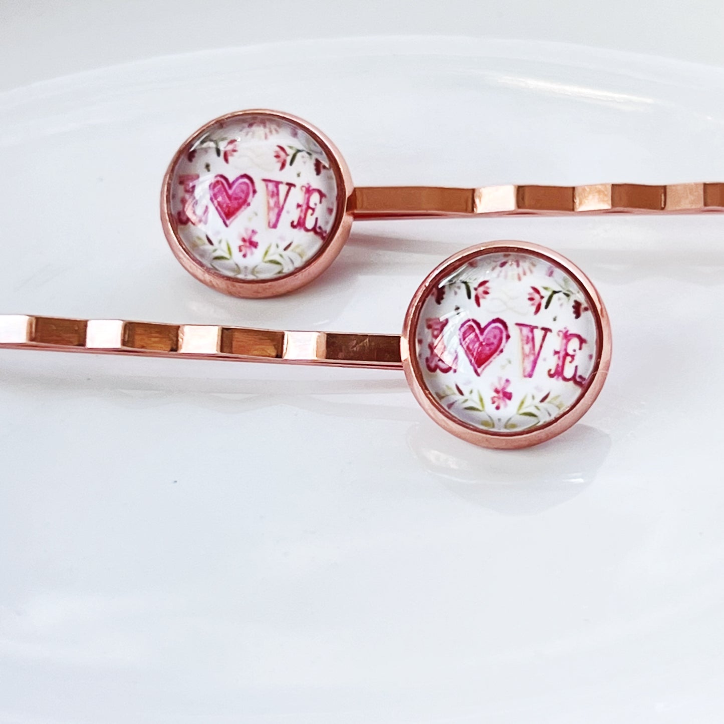 Rose Gold Floral Pink Love Heart Hair Pins