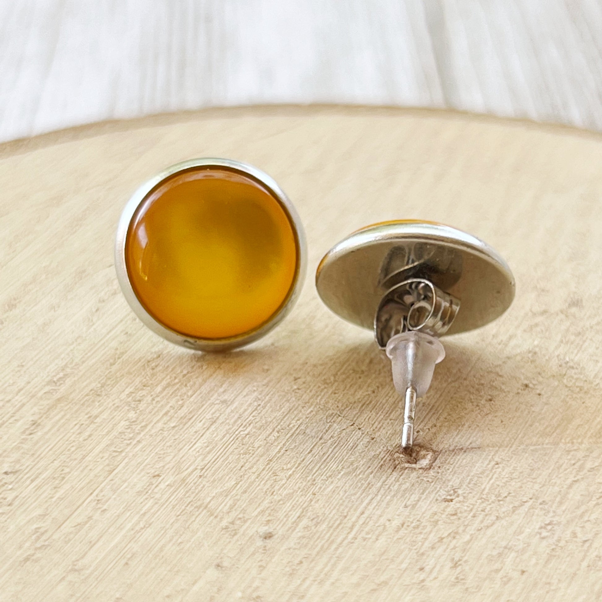 Silver Yellow Orange Glass Earrings Studs, Stainless Steel Earrings, Boho Earrings, Bridesmaid Earrings, Mens Earrings Stud, Unique Earring