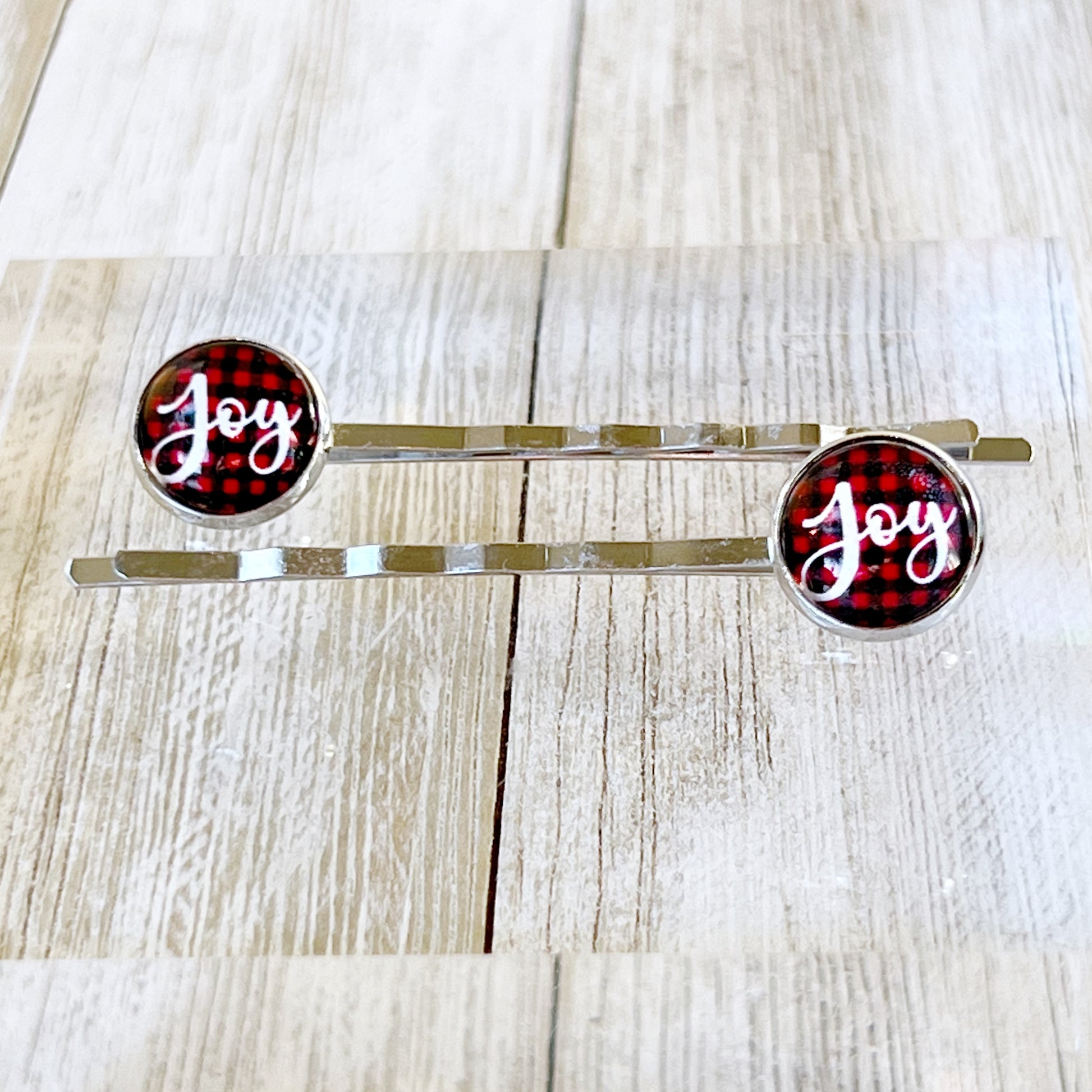 Red Buffalo Plaid Joy Christmas Holiday Bobby Pins