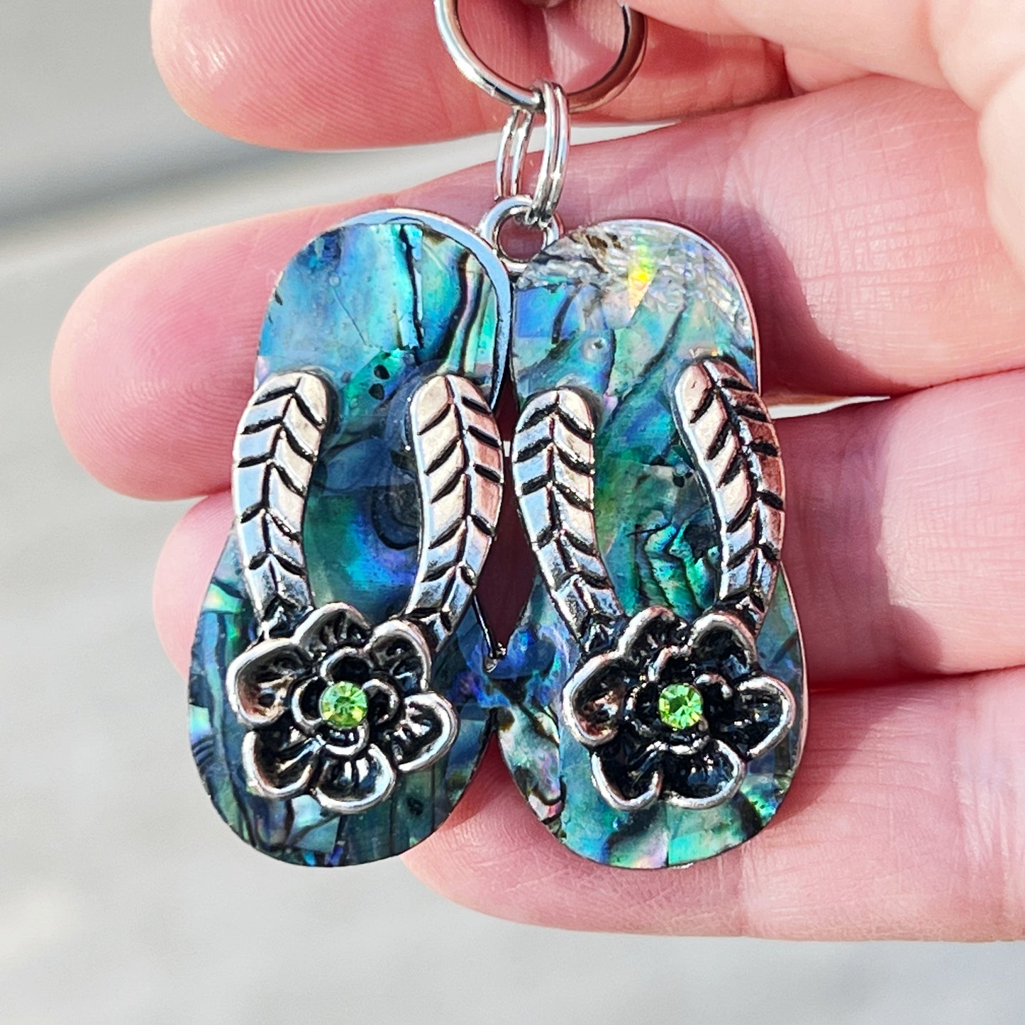 Flip Flop Floral Zipper Pull Keychain Purse Charm with Natural Abalone - Beachy Chic Accessory