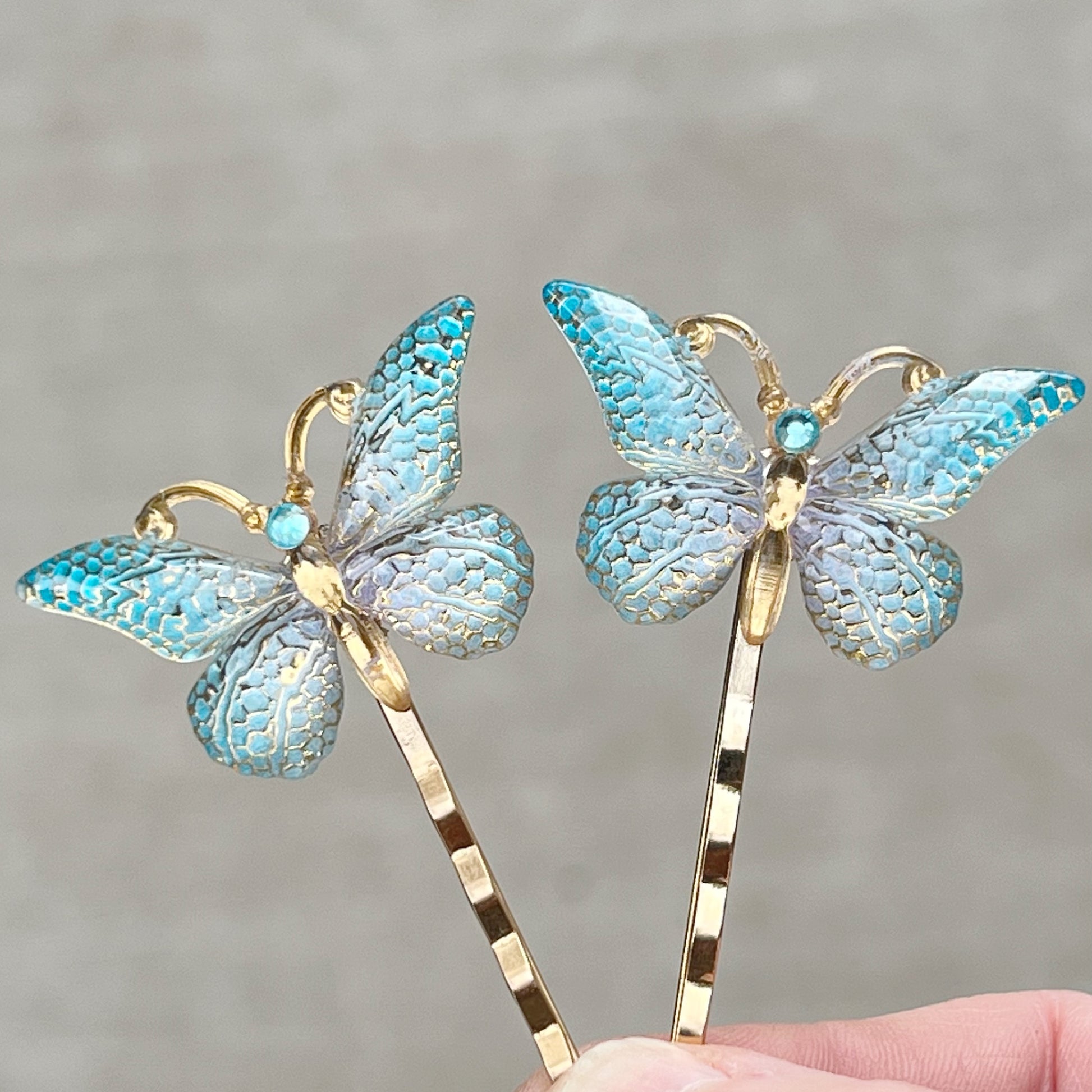 Blue & Gold Butterfly Hair Pins - Elegant and Whimsical Hair Accessories