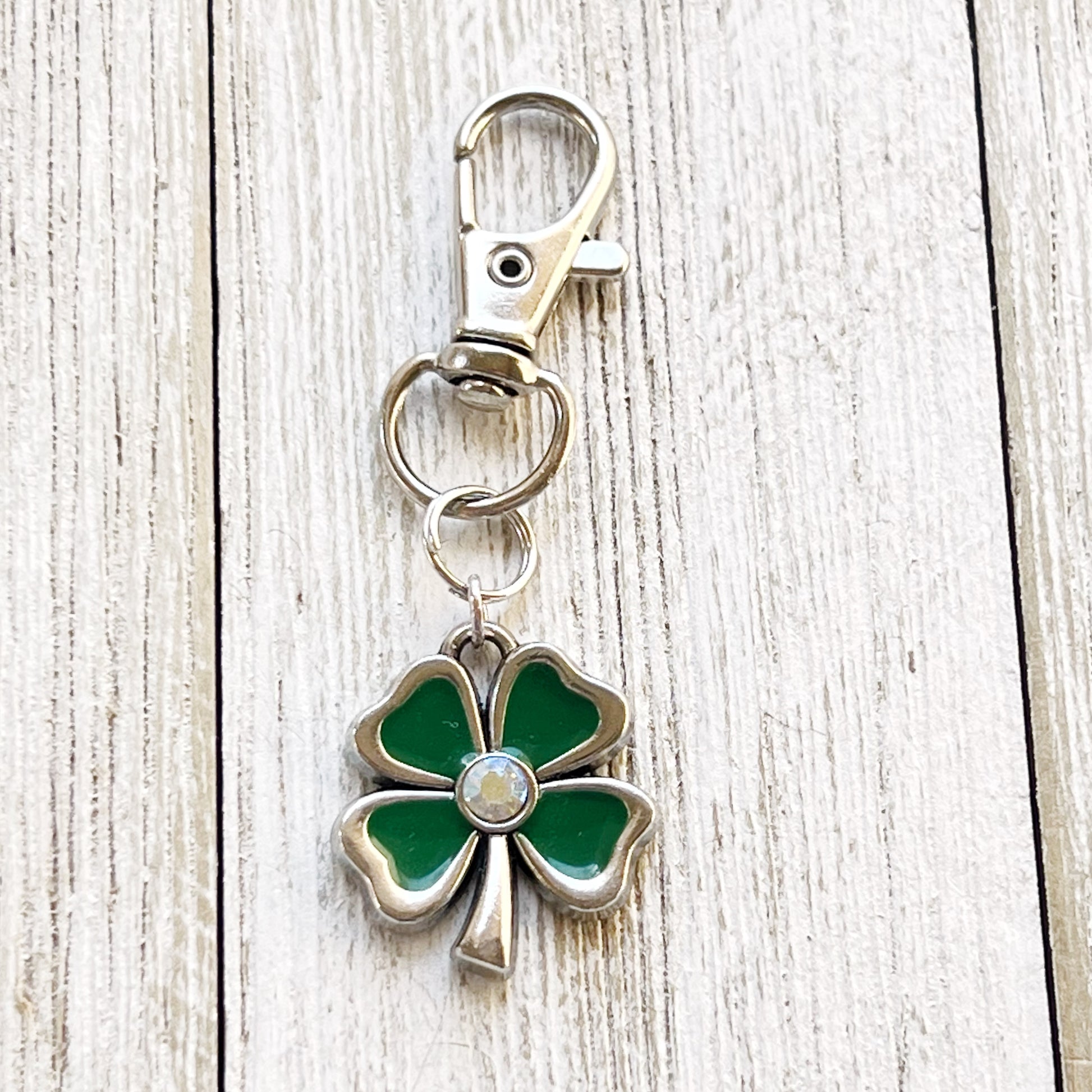 Four Leaf Clover Zipper Pull Keychain Purse Charm - Rhinestone Embellished Lucky Charm