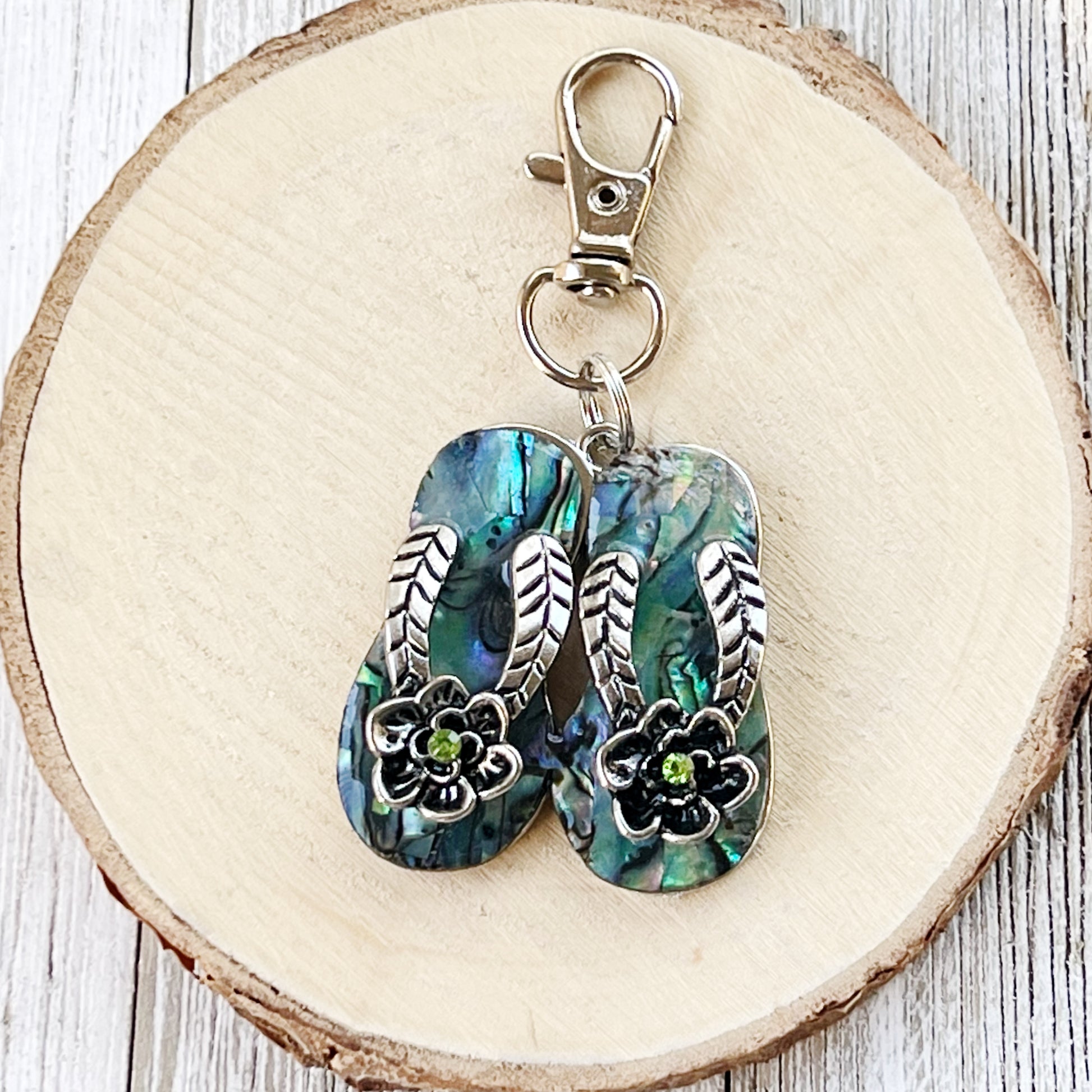 Flip Flop Floral Zipper Pull Keychain Purse Charm with Natural Abalone - Beachy Chic Accessory