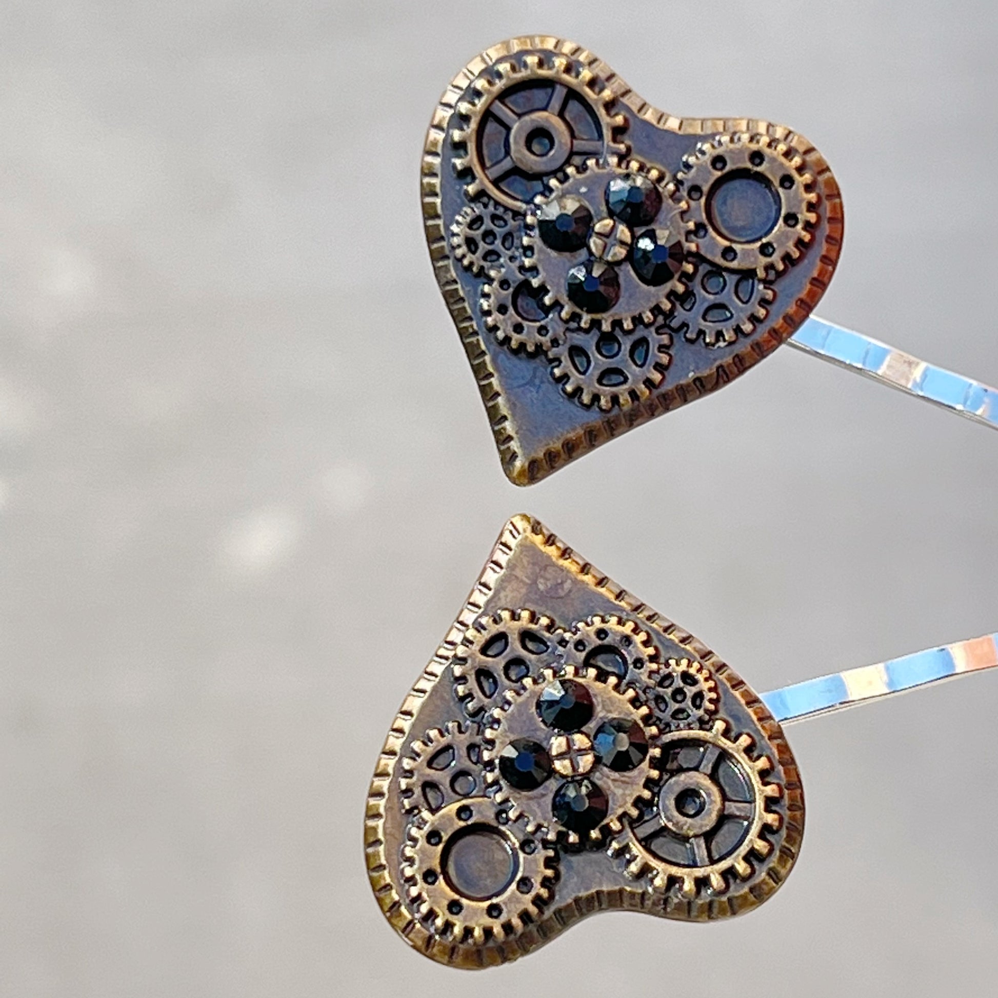 Steampunk Gear Hearts with Black Rhinestones Hair Pin