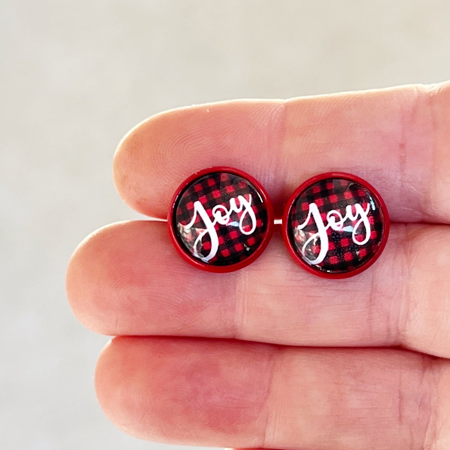 Red & Black Buffalo Plaid Christmas Stud Earrings: Festive Joyful Accents for Holiday Cheer