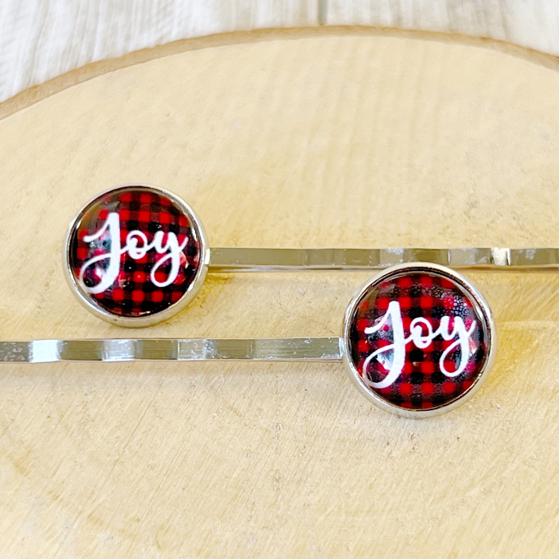 Red Buffalo Plaid Joy Christmas Holiday Bobby Pins