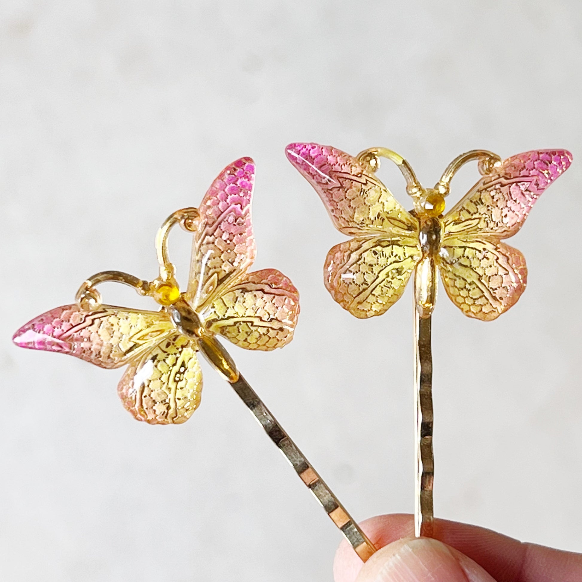 Pink & Yellow Gold Butterfly Hair Pins