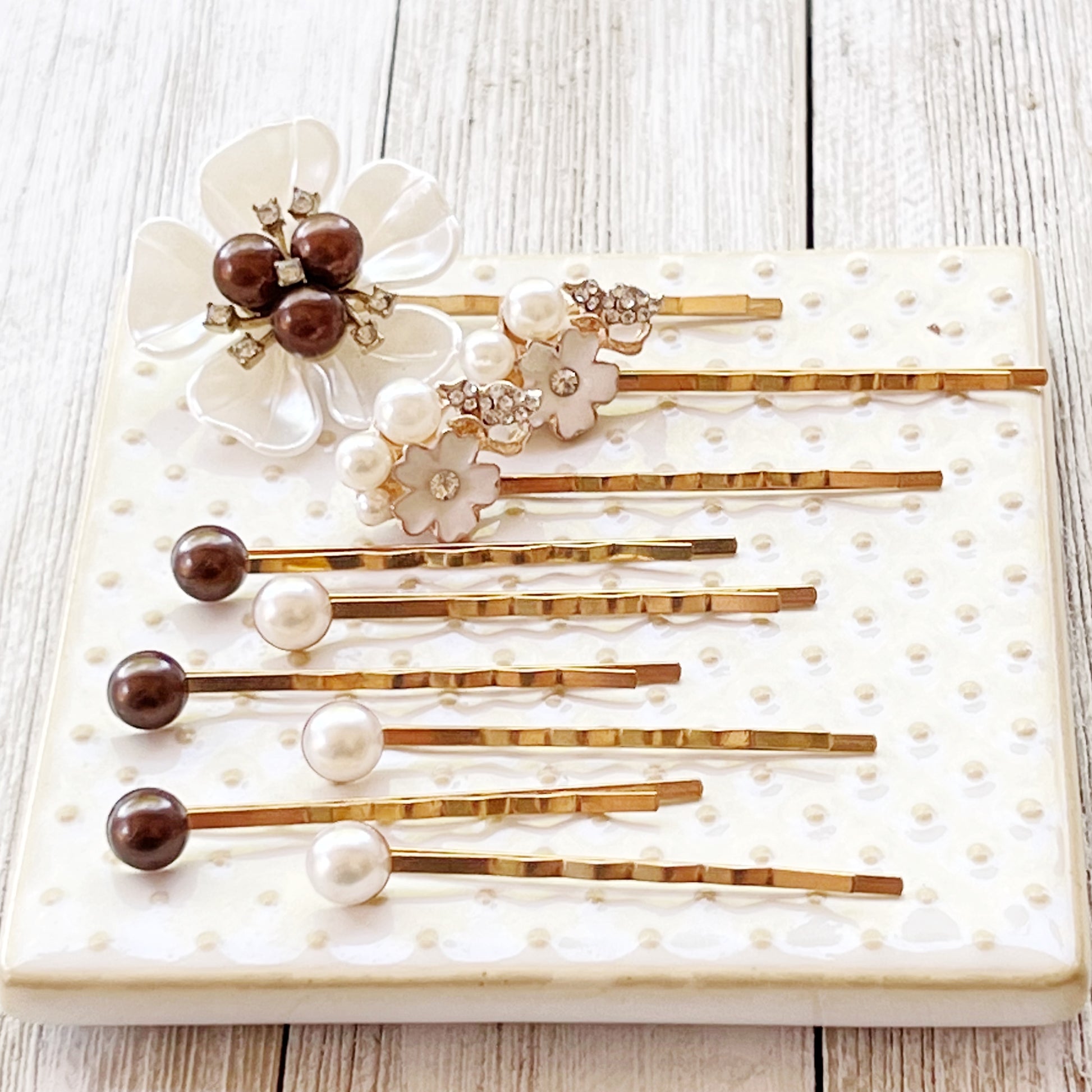 Brown Pearl Bridal Hair Pins Set - Wedding Hair Jewelry for Bride | White Floral, Pearl & Rhinestone Accessories for Elegant Hairstyles