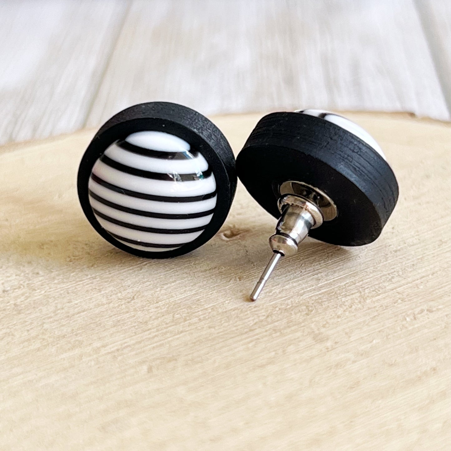 Black & White Striped Black Wood Earrings - Stylish & Contemporary Accessories