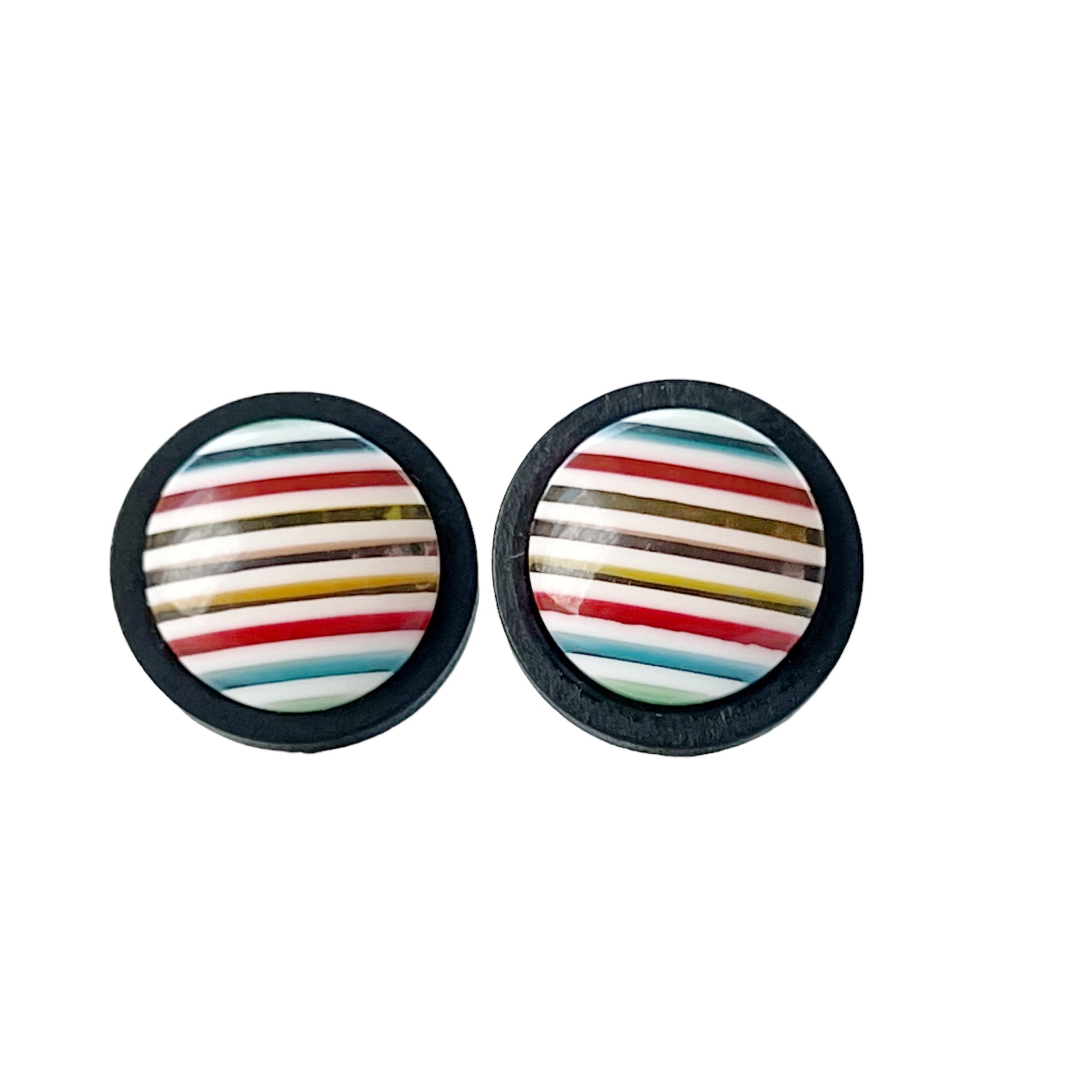 Blue, Red, Yellow Striped Black Wood Stud Earrings - Colorful Unique Accessories