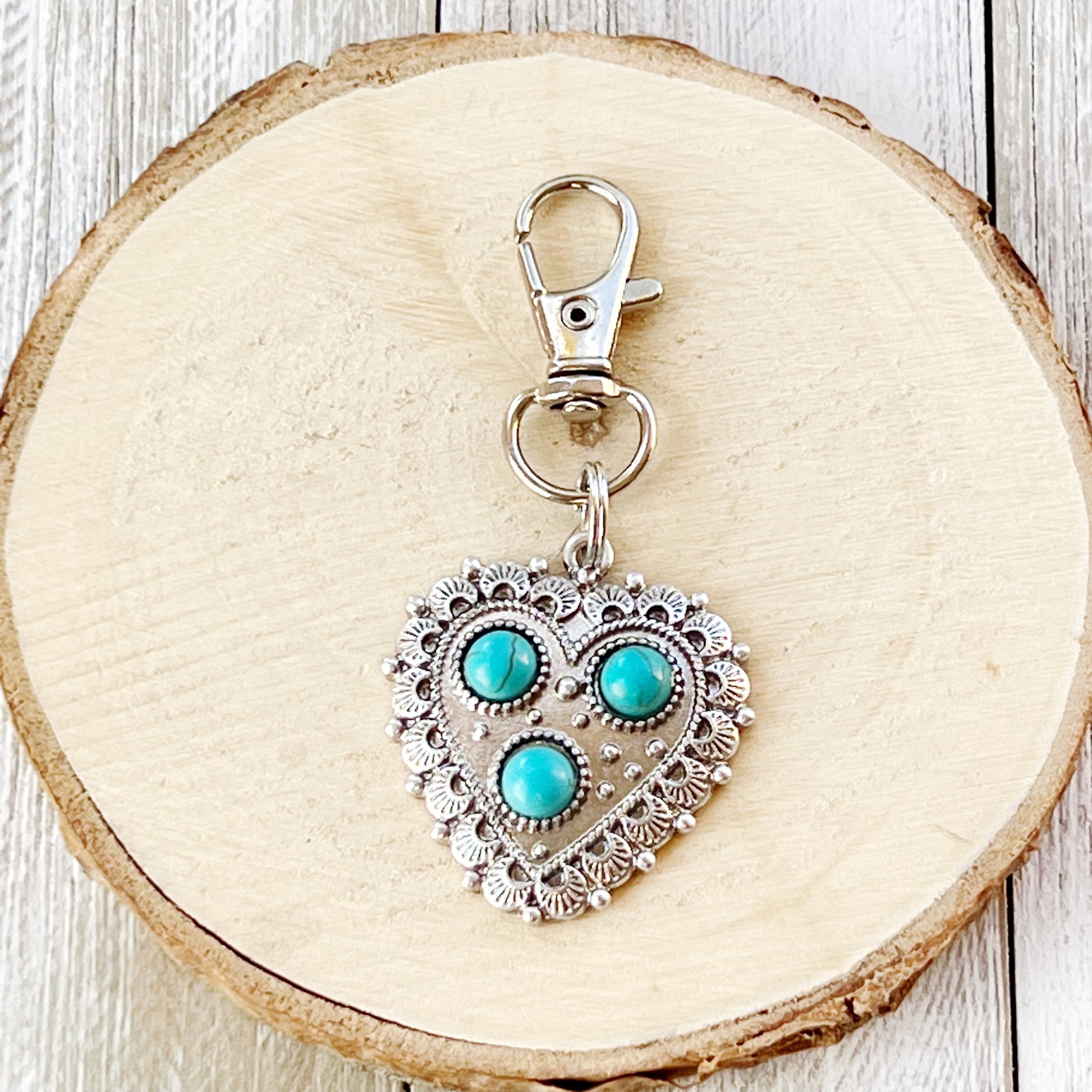 Turquoise Silver Heart Western Zipper Handbag Charm