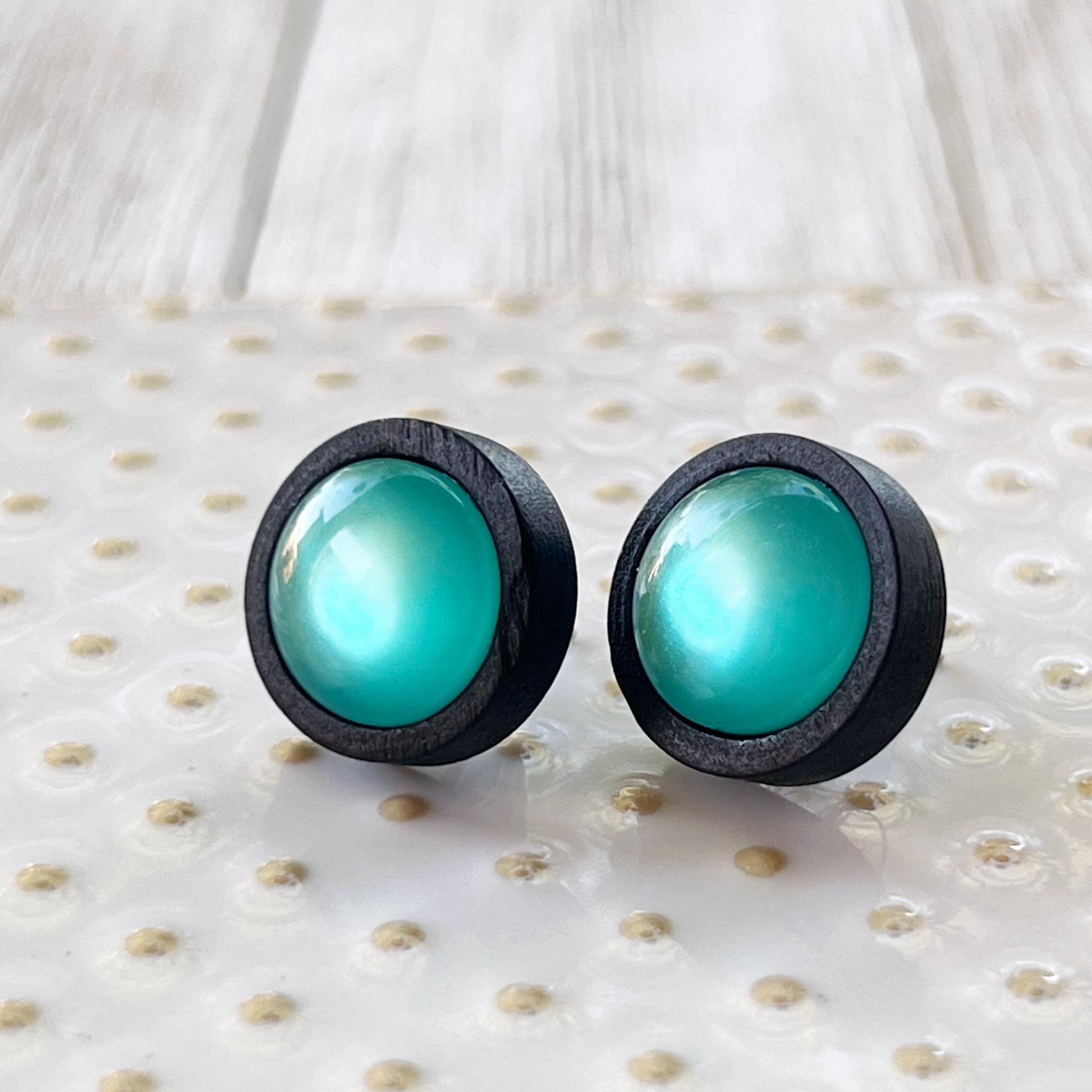 Natural Black Wood Blue Glass Stainless Steel Unisex Stud Earrings