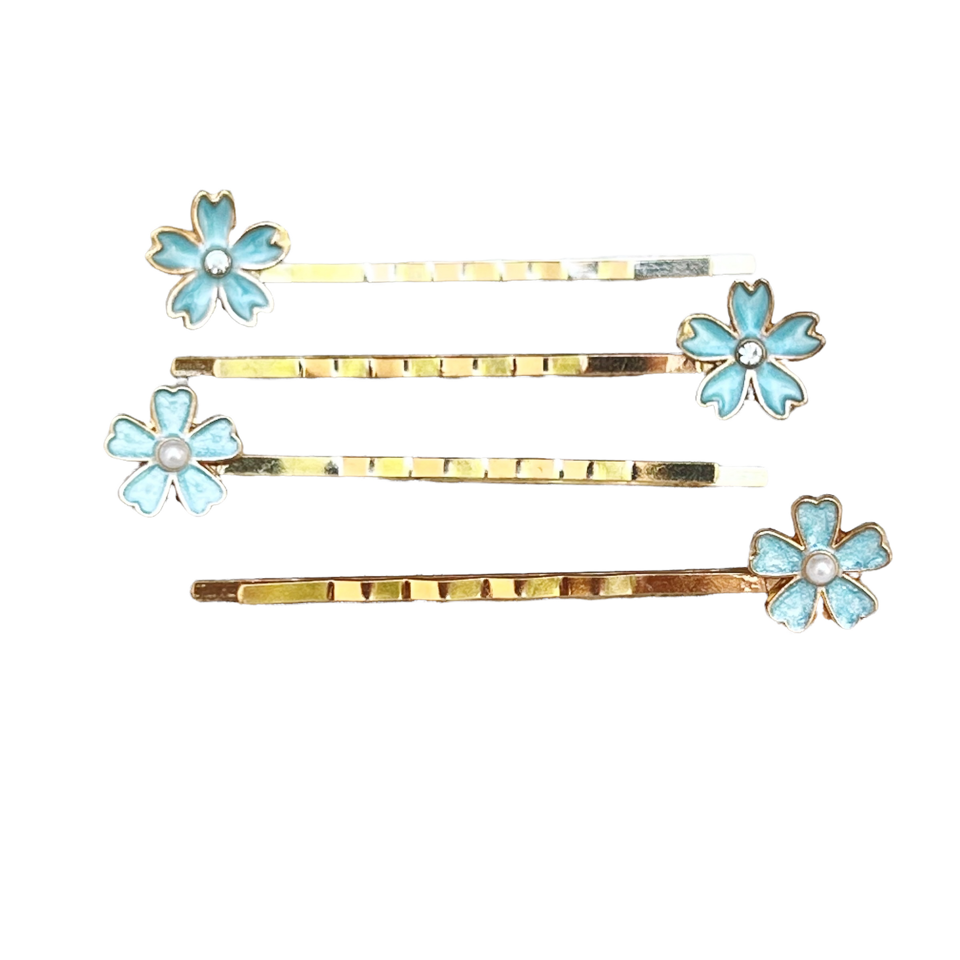 Blue Flower Hair Pins with Pearl & Rhinestone Accents - Set of 4 Elegant Accessories