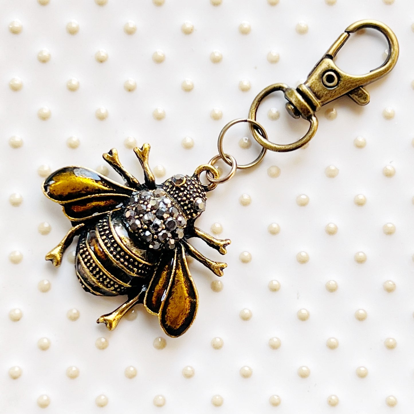 Gothic Bee Zipper Pull Keychain Purse Charm - Rhinestone Embellished Accessory