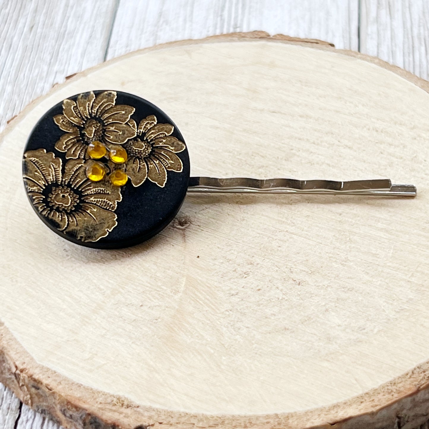 Black & Gold Sunflower Silver Bobby Pin - Elegant Floral Hair Accessory