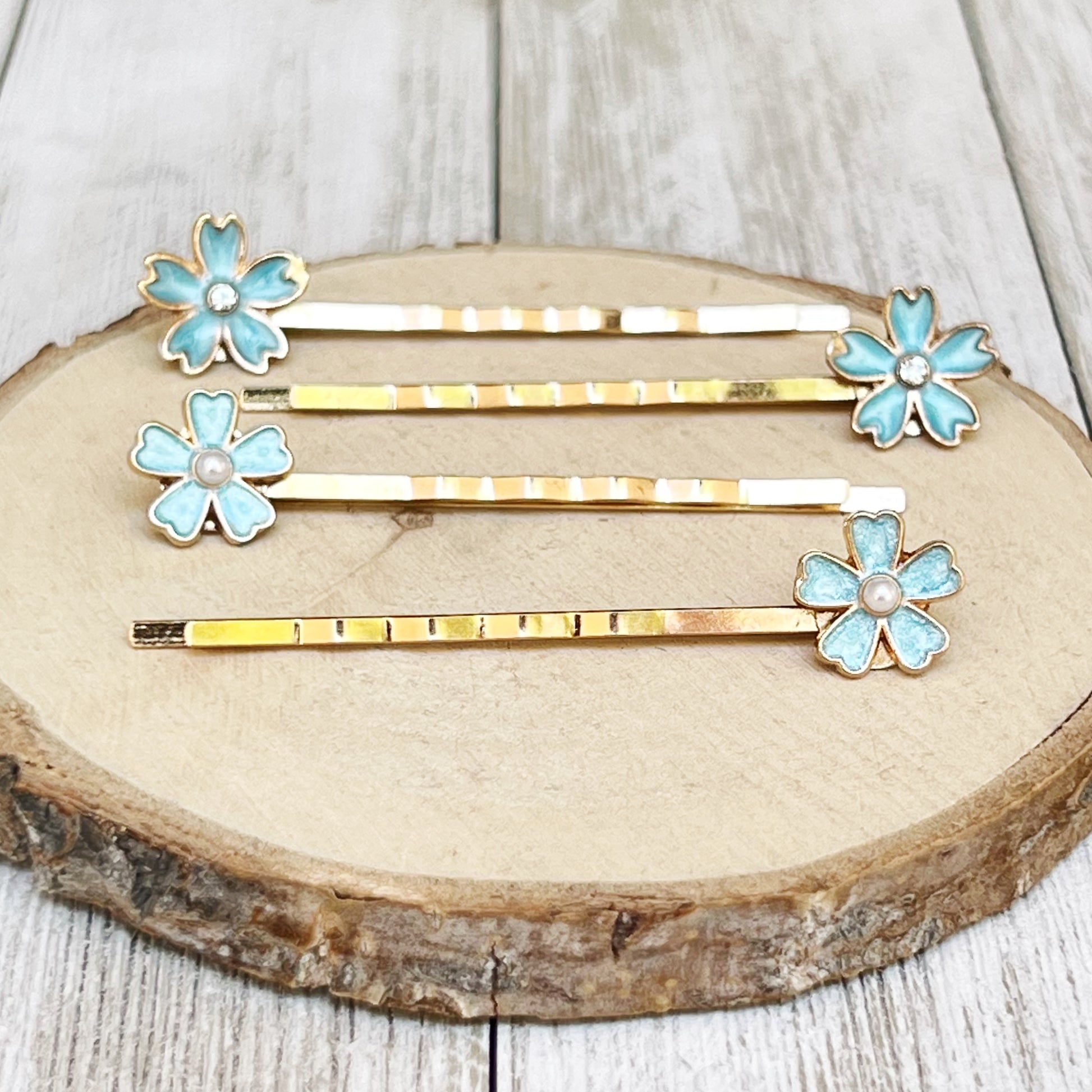 Blue Flower Hair Pins with Pearl & Rhinestone Accents - Set of 4 Elegant Accessories