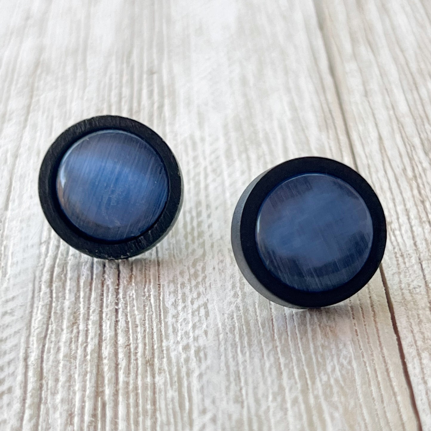 Blue Glass Black Wood Unisex Stud Earrings - Stylish & Versatile Accessories