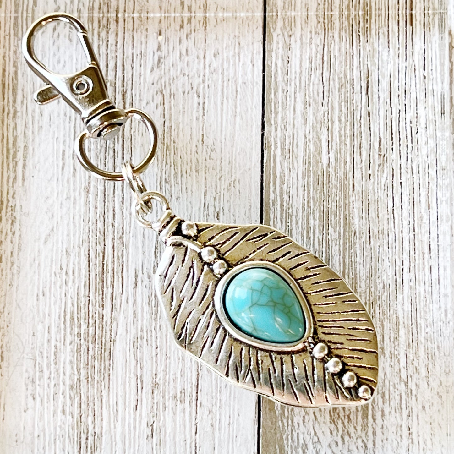 Small Turquoise Silver Feather Western Zipper Pull Keychain Charm