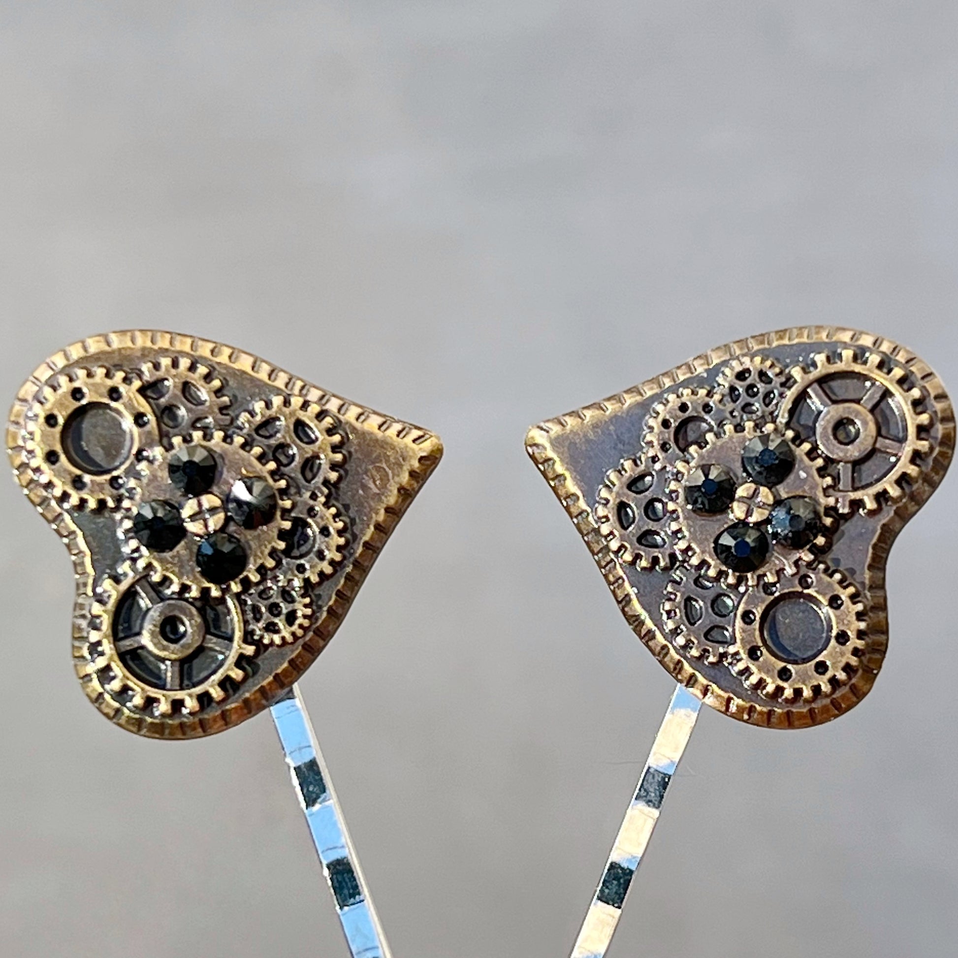 Steampunk Gear Hearts with Black Rhinestones Hair Pin