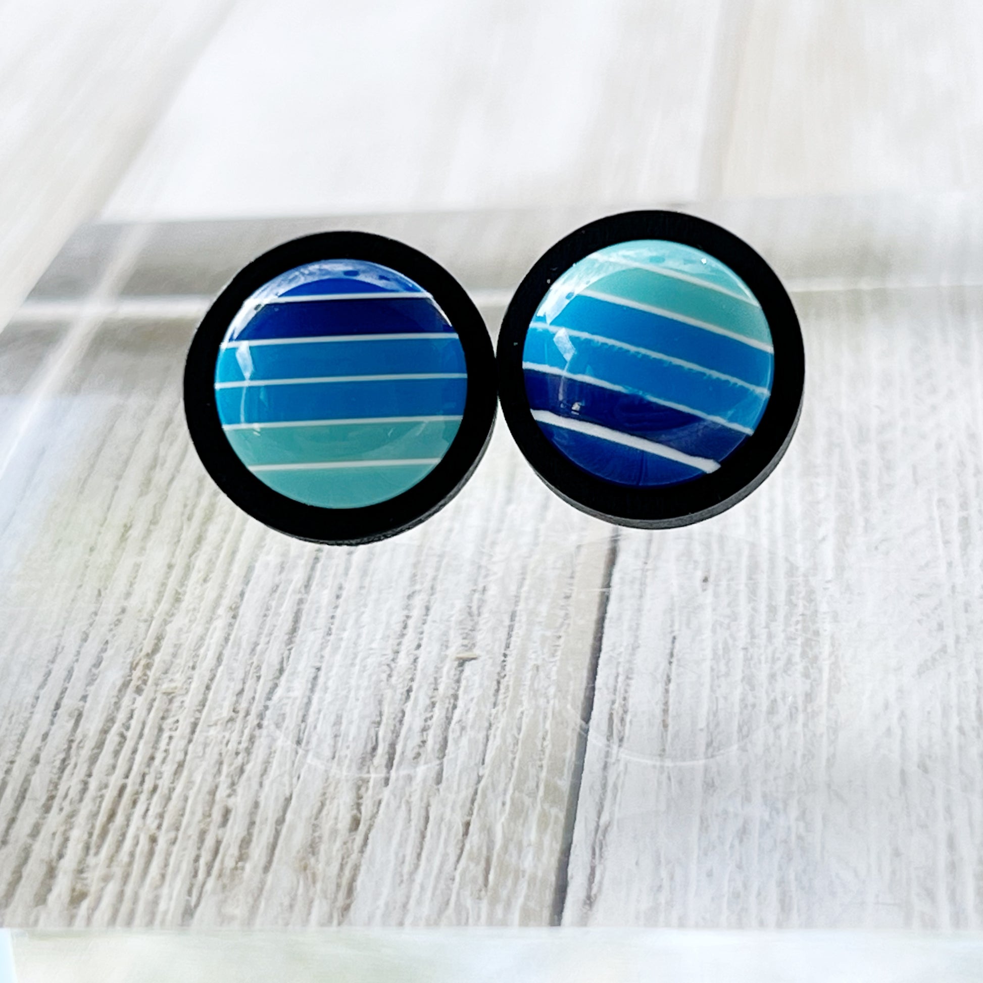 Blue Gradient Striped Black Wood Earrings - Stylish Contemporary Accessories