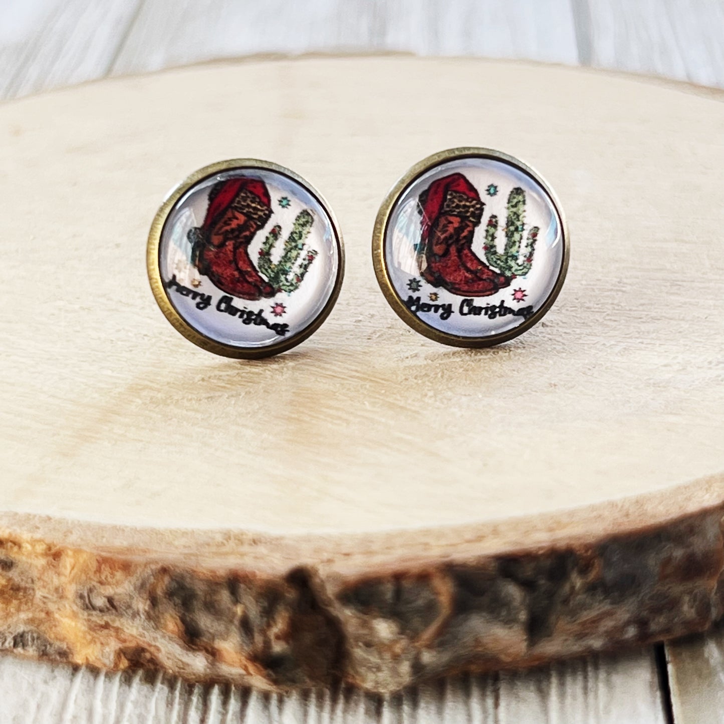 Western Cactus & Boot Merry Christmas Stud Earrings: Festive Southwest Charm