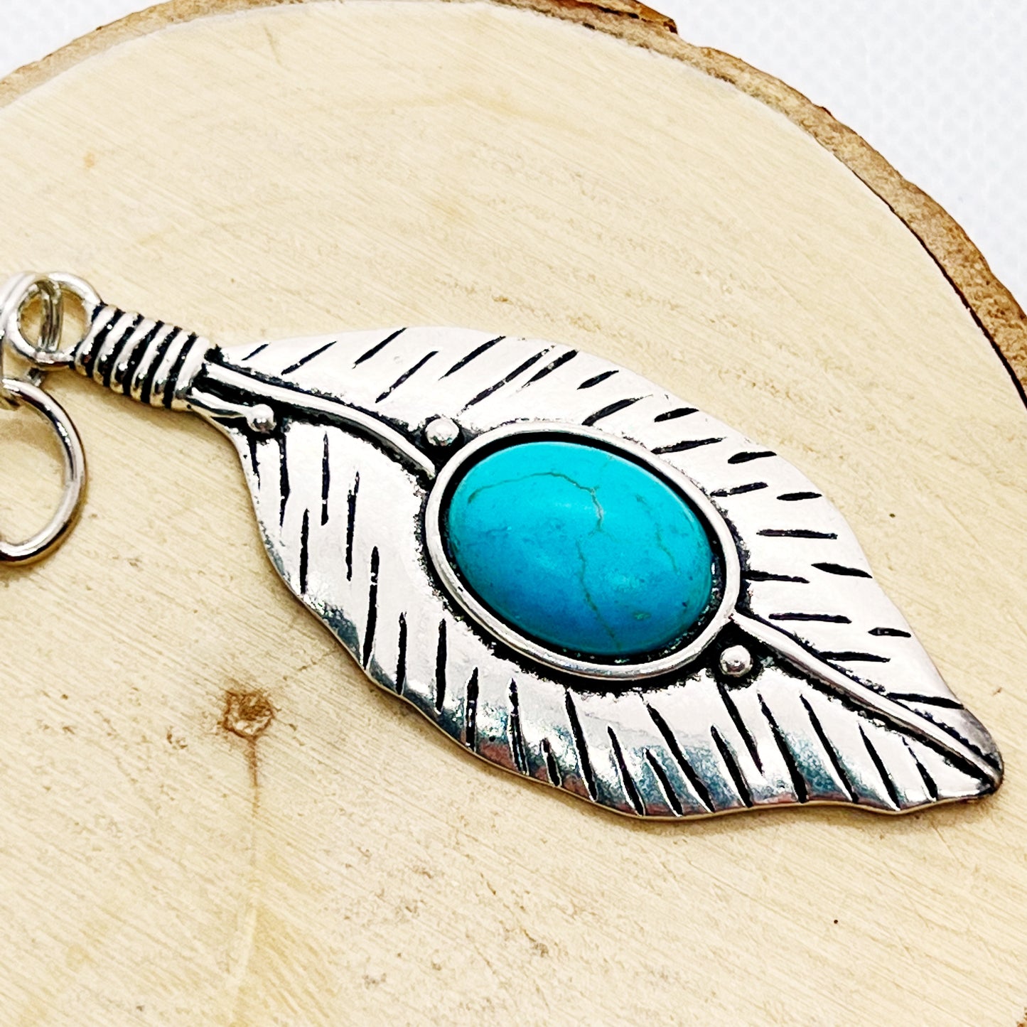 Turquoise Silver Feather Western Zipper Pull Keychain Charm