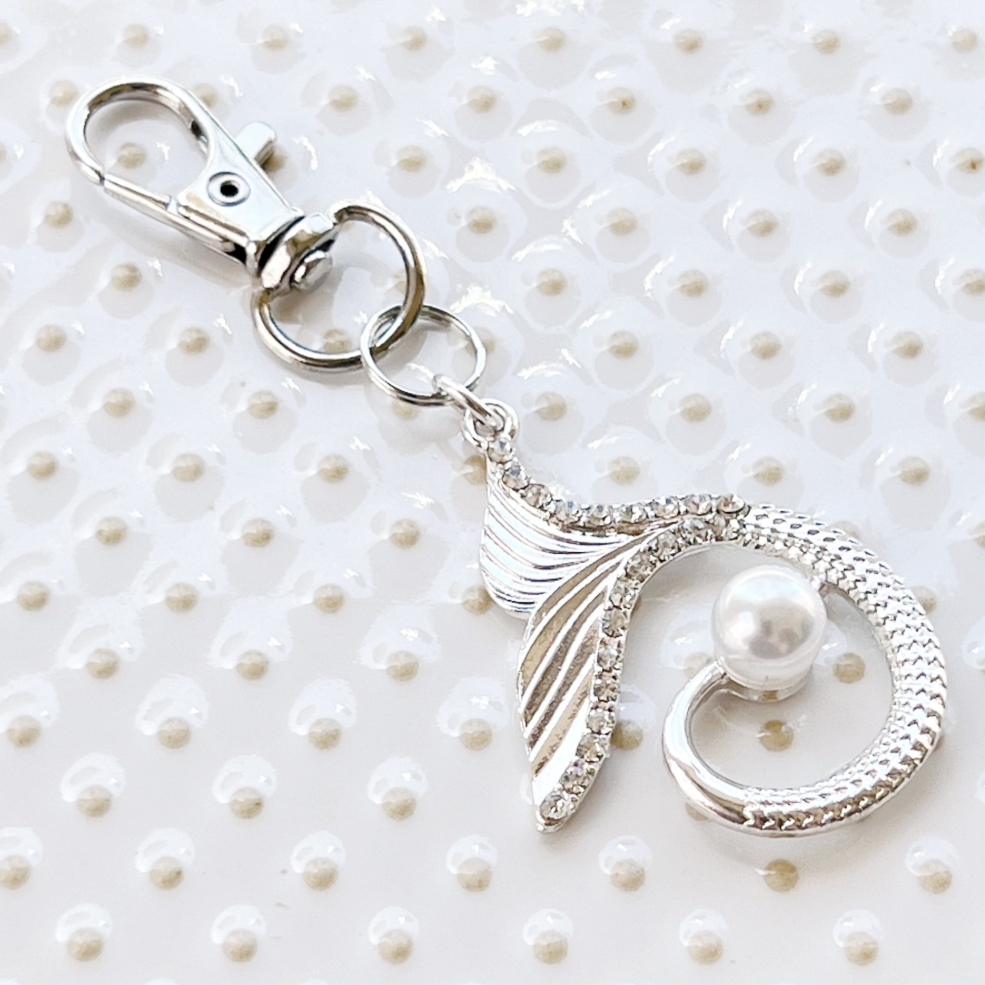 Silver Mermaid Zipper Pull Keychain Charm with Pearl and Rhinestone Accents