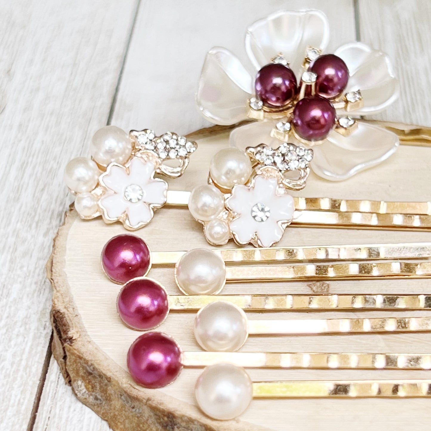 Purple & White Pearl Rhinestone Hair Pins - Elegant & Sparkling Accessories