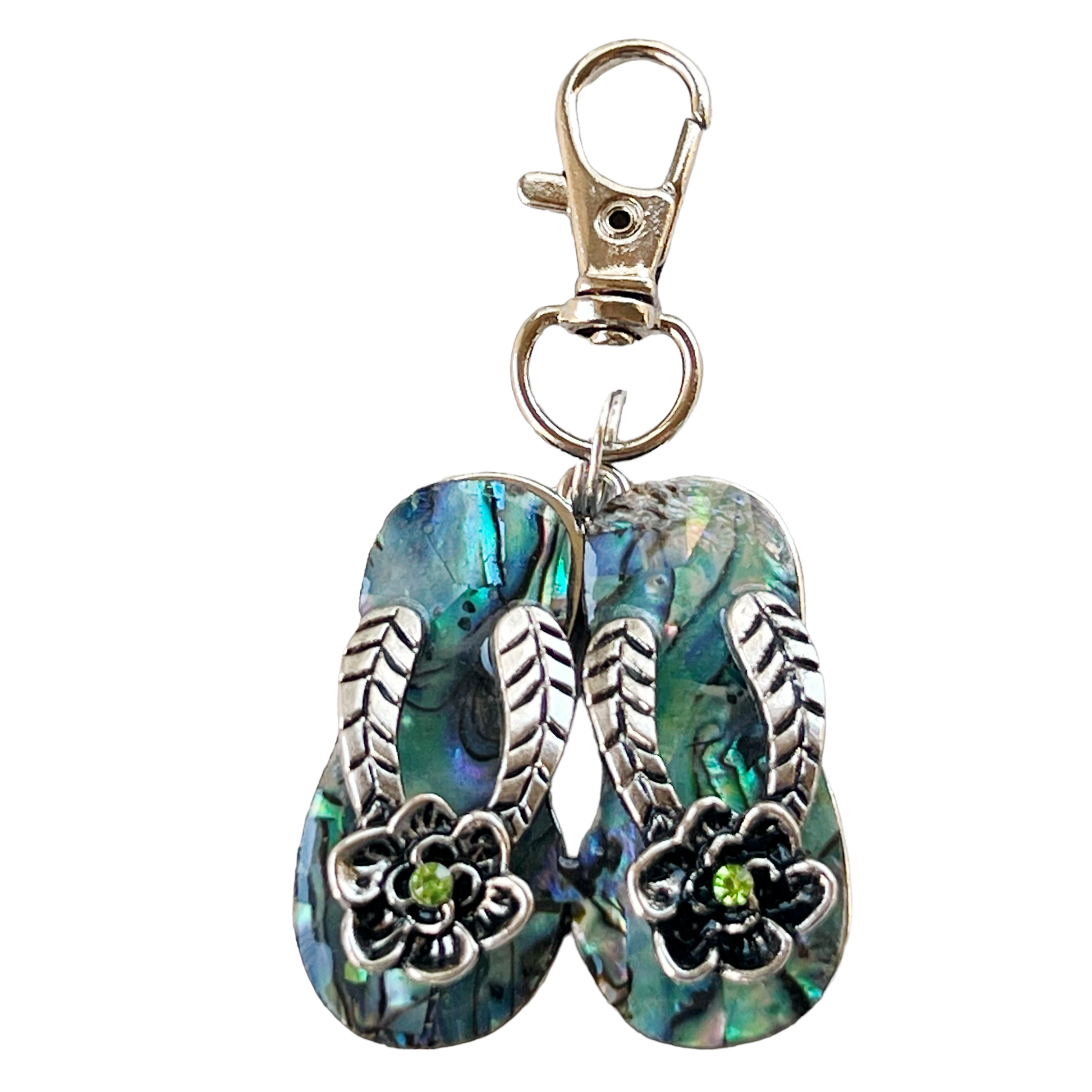 Flip Flop Floral Zipper Pull Keychain Purse Charm with Natural Abalone - Beachy Chic Accessory