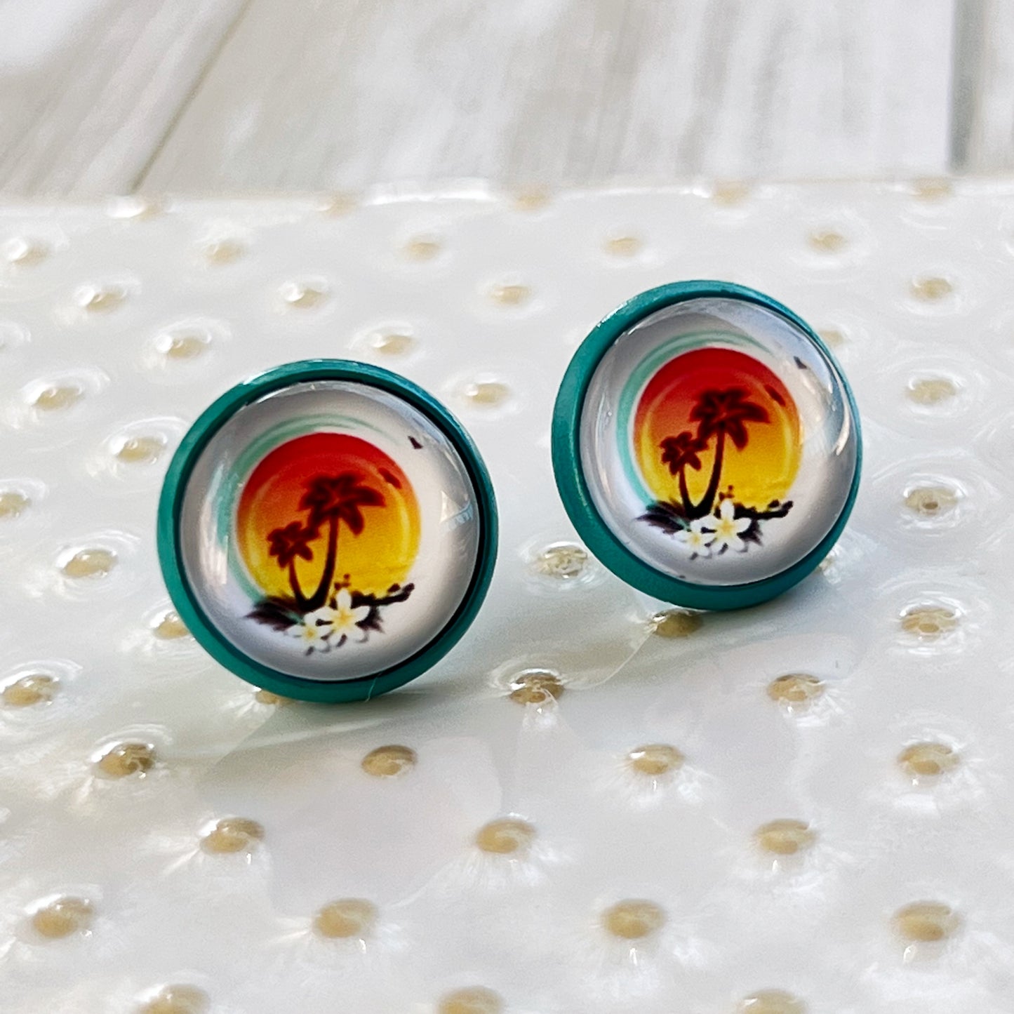 Sunset & Palm Tree Blue Stud Earrings - Tropical & Serene Accessories