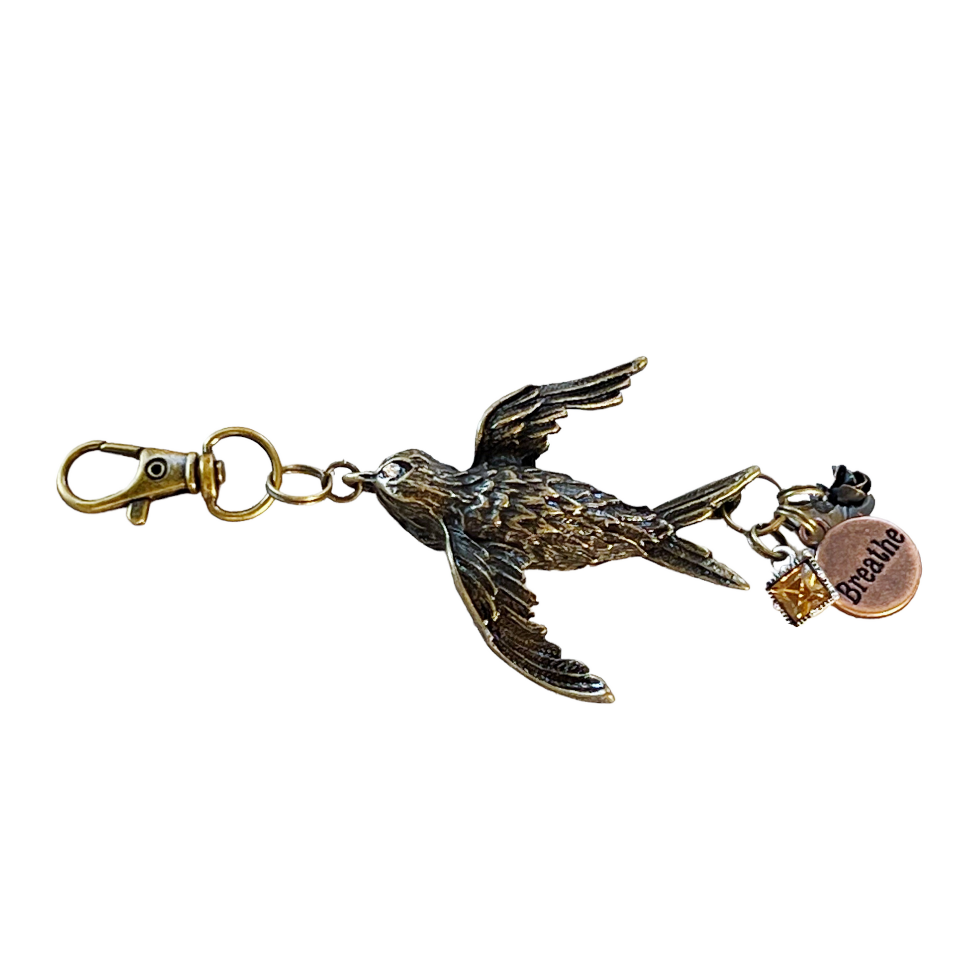 Large Metal 'Breathe' Bird Charm with Rhinestone and Flower Accents - Perfect for Keychain or Purse Decoration