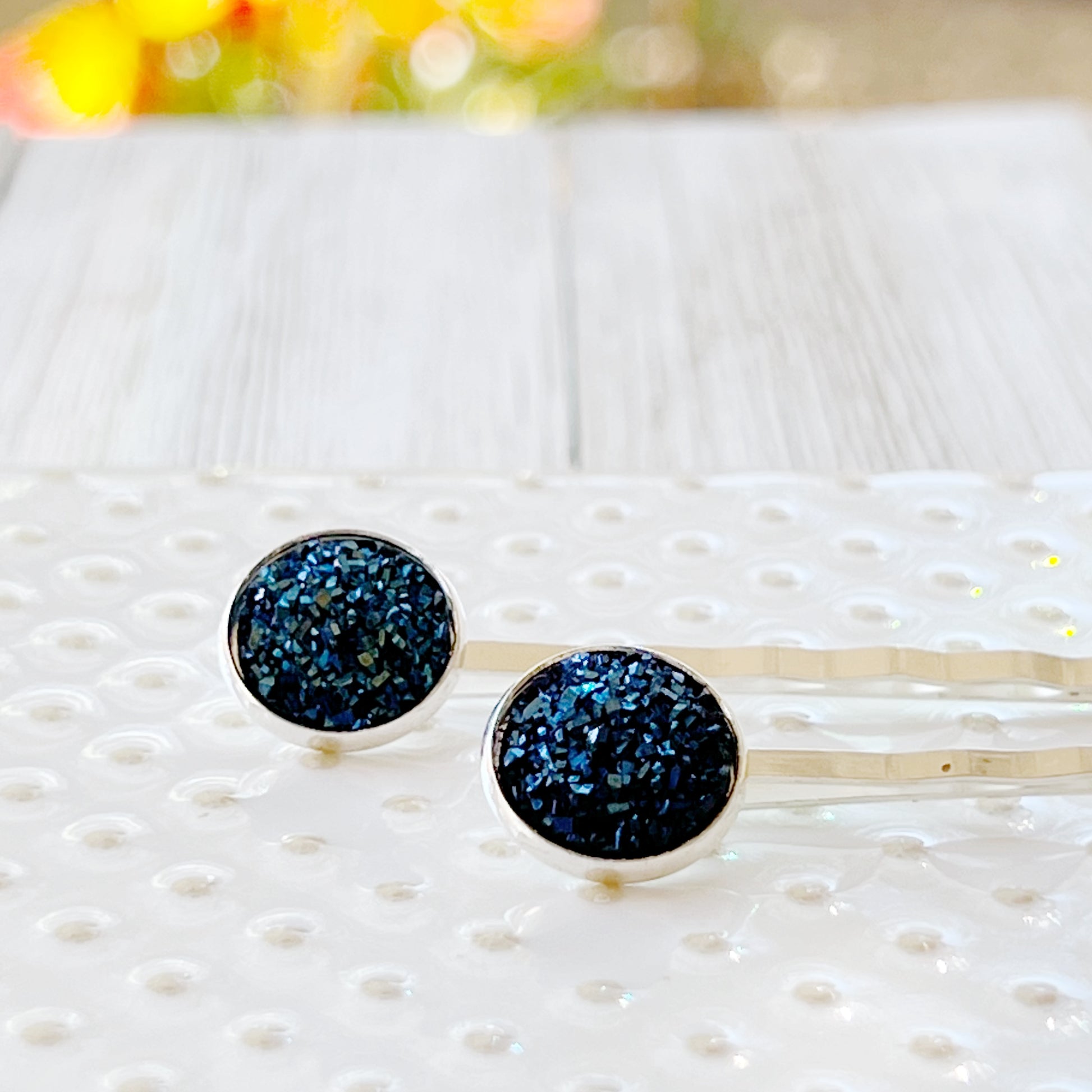 Cobalt Blue Druzy Silver Hair Pins - Elegant Accessories for Stylish Hairdos