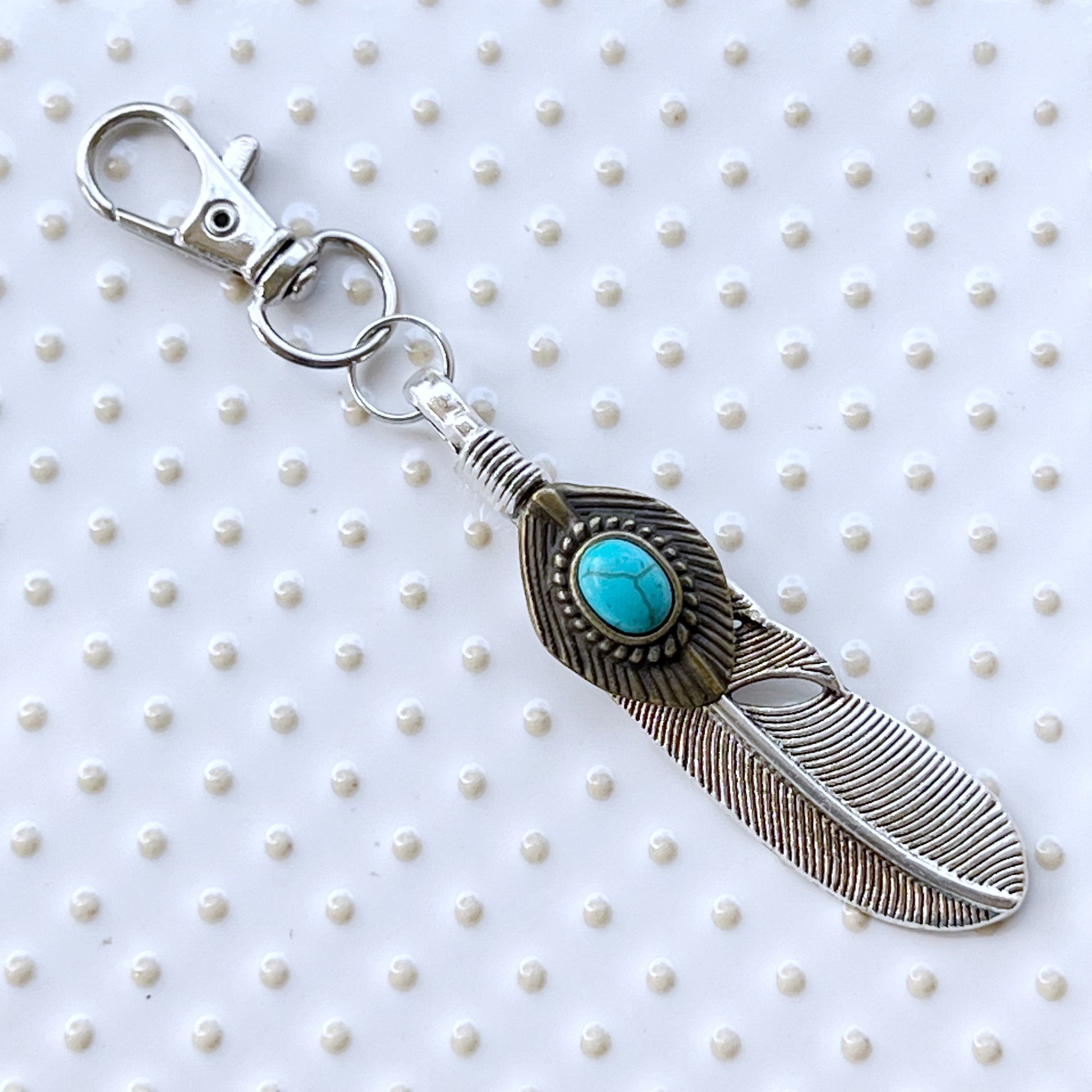 Turquoise Silver Feather Western Zipper Pull Keychain Charm