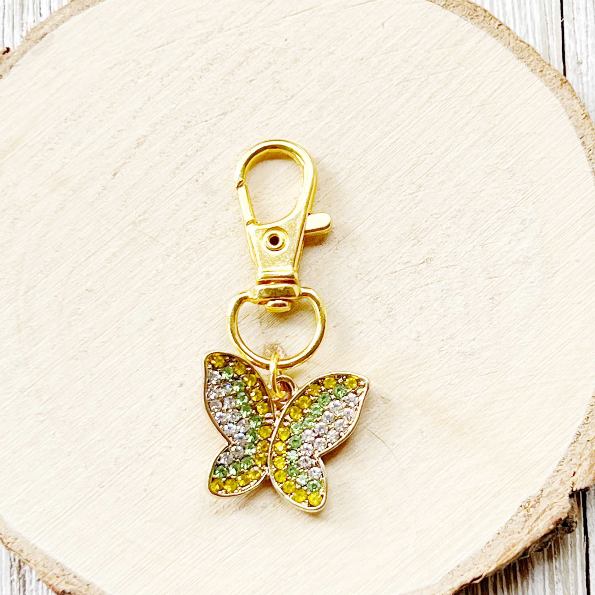 Yellow & Green Butterfly Zipper Pull Keychain Charm with Rhinestones - Stylish and Whimsical Accessory for Your Bag