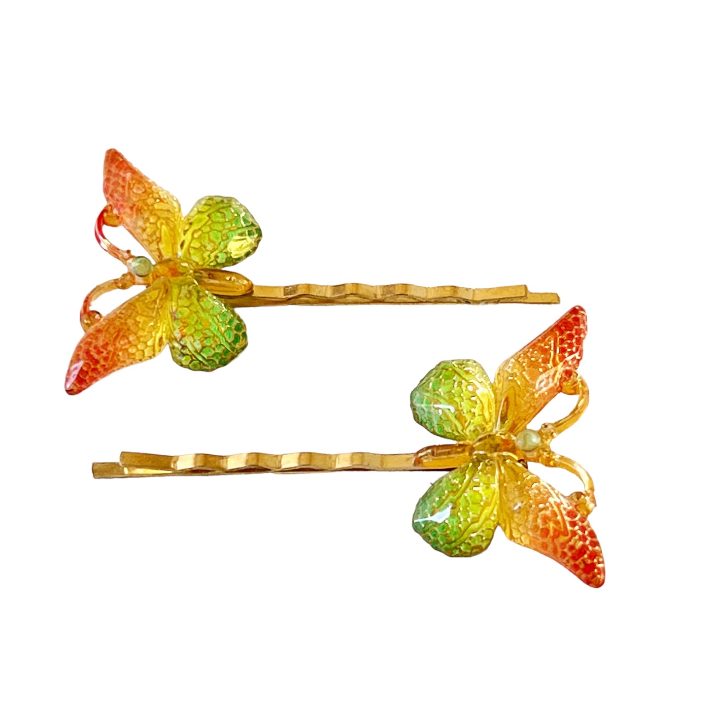 Orange & Green Butterfly Hair Pins: Vibrant Nature-inspired Accessories